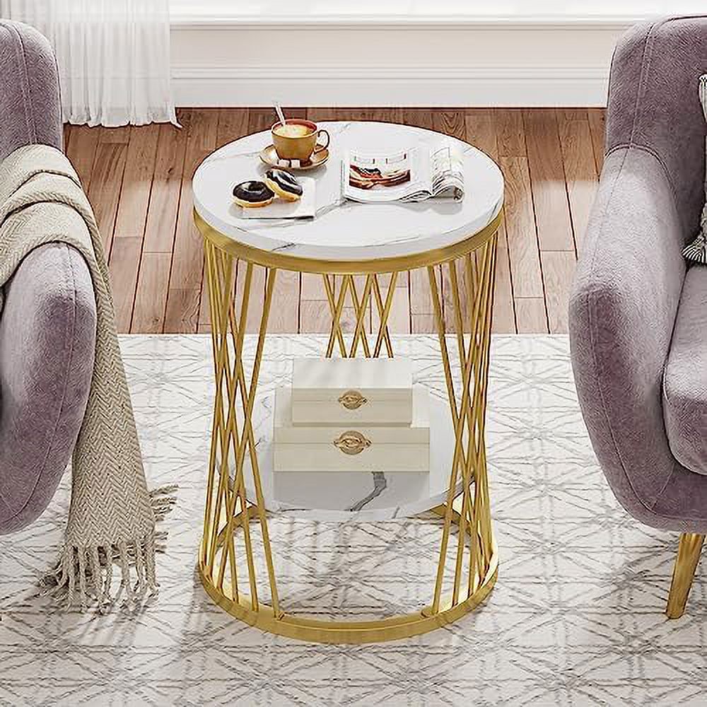 YZboomLife Round End   2 Tiers Sofa Table with    Rustic Bedside Table Nightstand  Accent Table with Metal Frame for Living Room  Bedroom  Brown