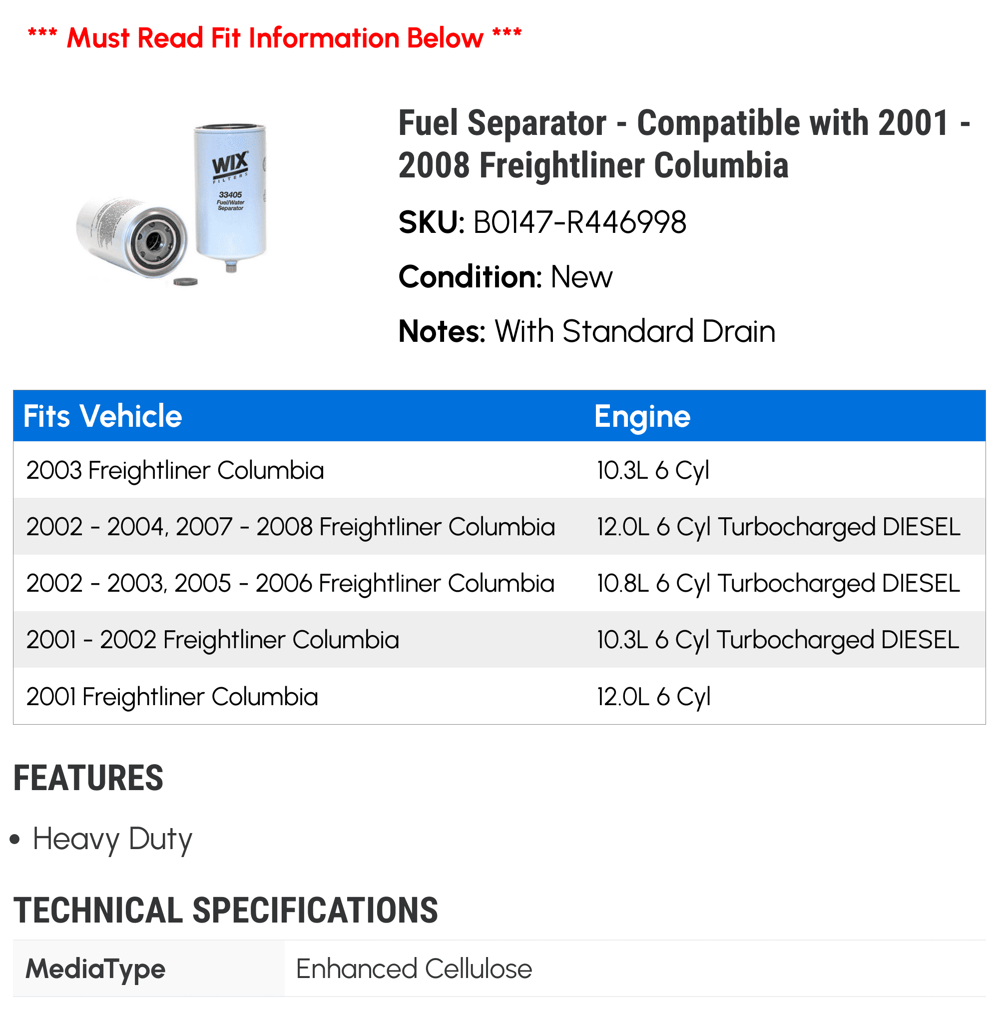 Fuel Separator - Compatible with 2001 - 2008 Freightliner Columbia 2002 2003 2004 2005 2006 2007