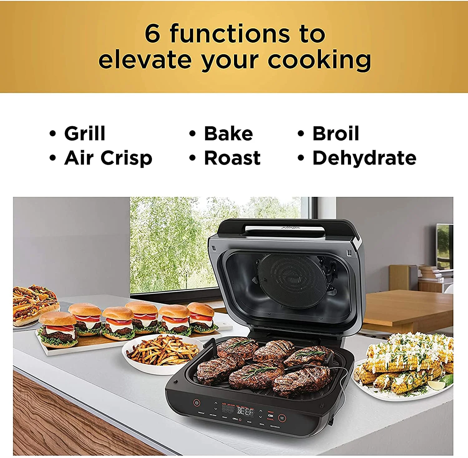Restored Ninja FG551 H Foodi Smart XL 6in1 Indoor Grill with 4Quart Air Fryer Roast Bake Dehydrate Broil and Leavein Thermometer with Extra Large Capacity (Cinnamon) (Refurbished)