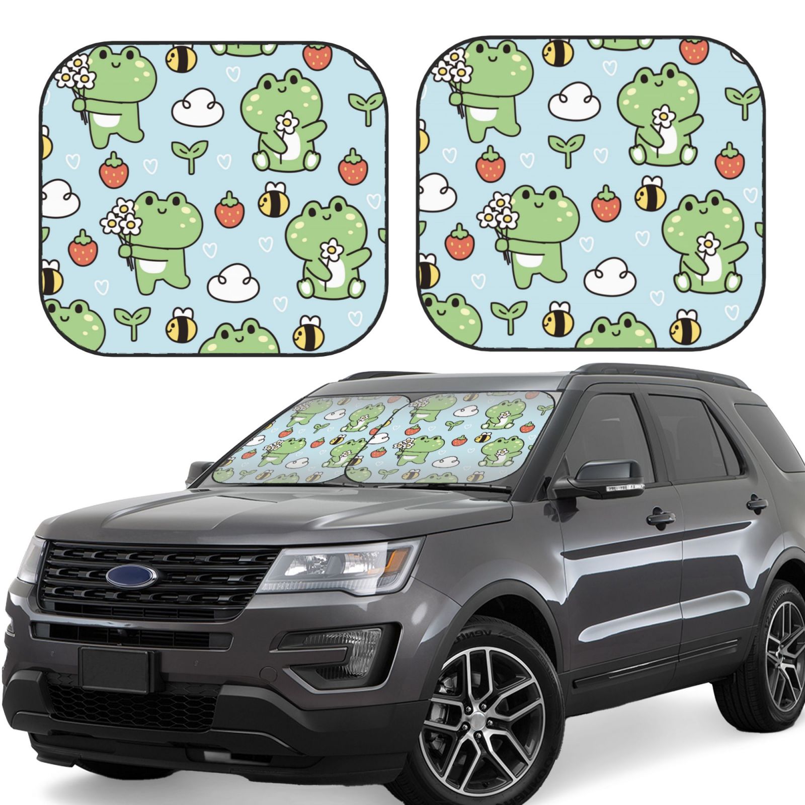 Lukts Cute Floral Frog Print 2 Piece Car Sun Shade Windshield,Foldable Car Shade Front Windshield With Keeps Your Vehicle Cool, For Most Sedans Suv And Trucks - Small