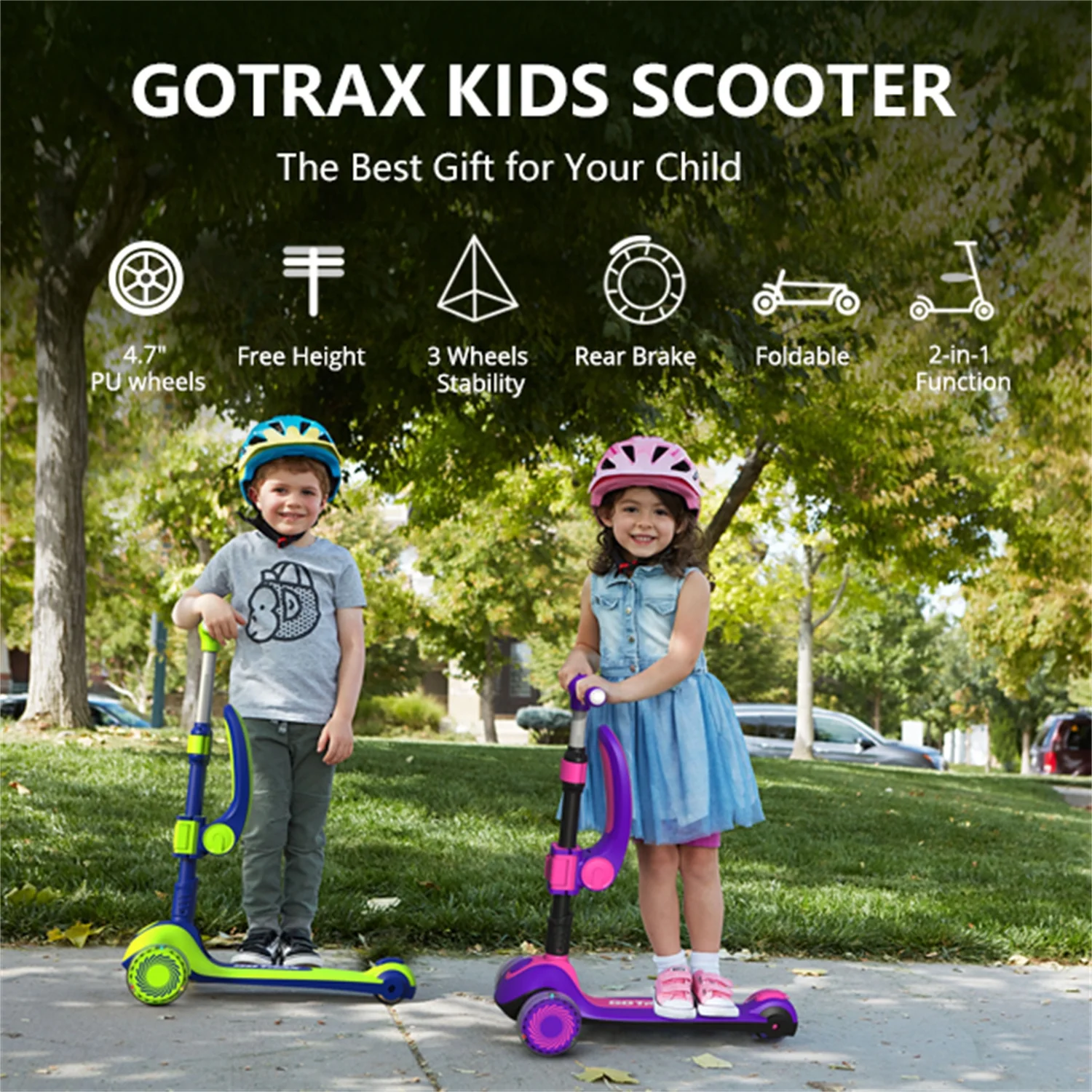 GOTRAX KS2 2-in-1 Foldable Kick Scooter with Removable Seat Great for Kids 2-8 Years Unisex, Green