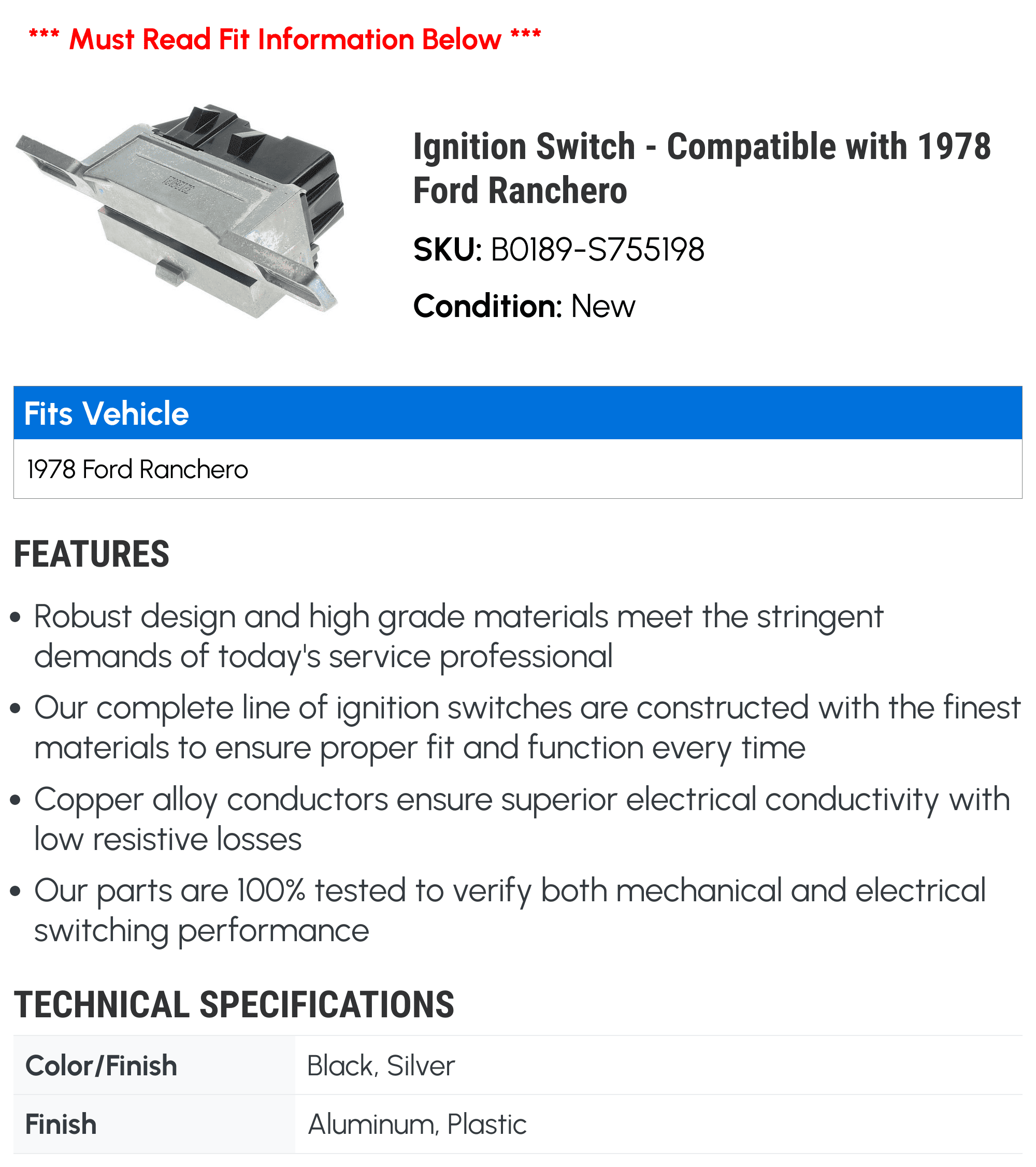 Ignition Switch - Compatible with 1978 Ford Ranchero