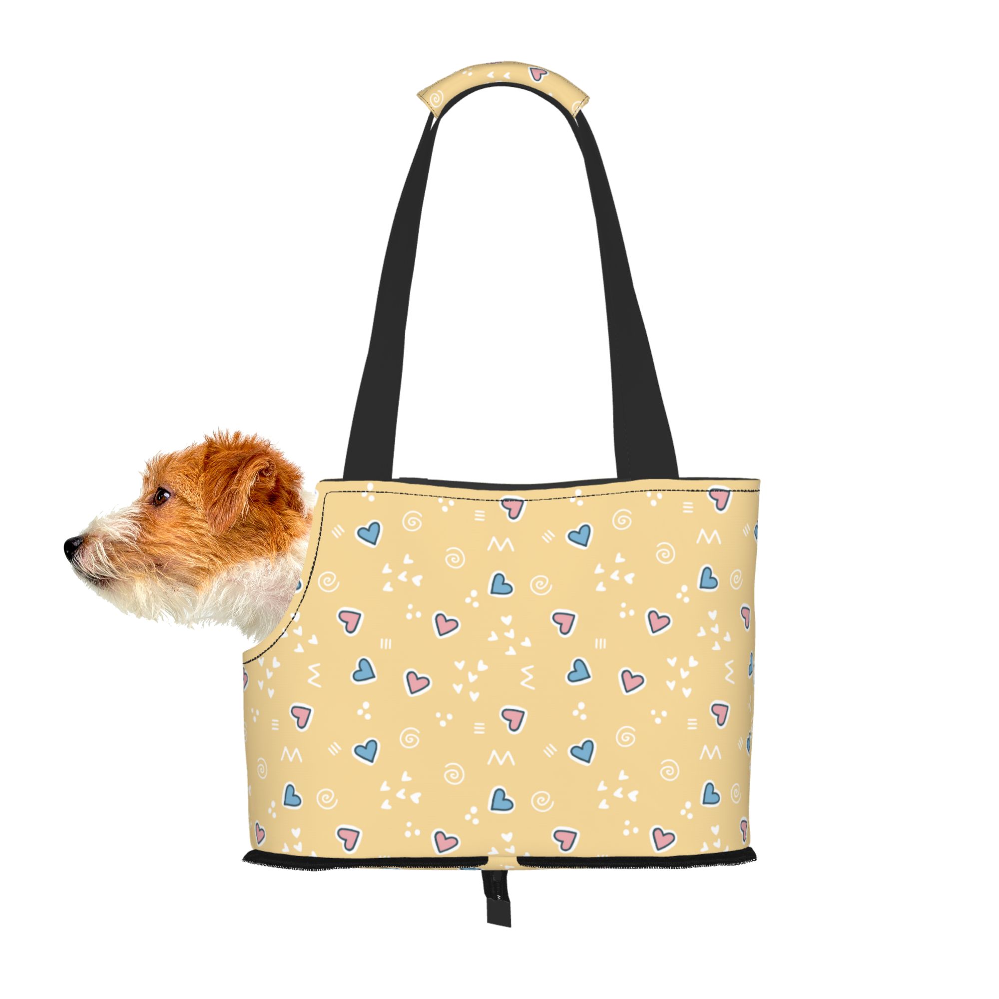 TEQUAN Foldable Dog Purse Carrier, Collapsible Hearts Yellow Pink Blue Doodles Prints Pet Travel Tote Bag for Small Cat Puppy, Waterproof Dog Soft-Sided Carriers