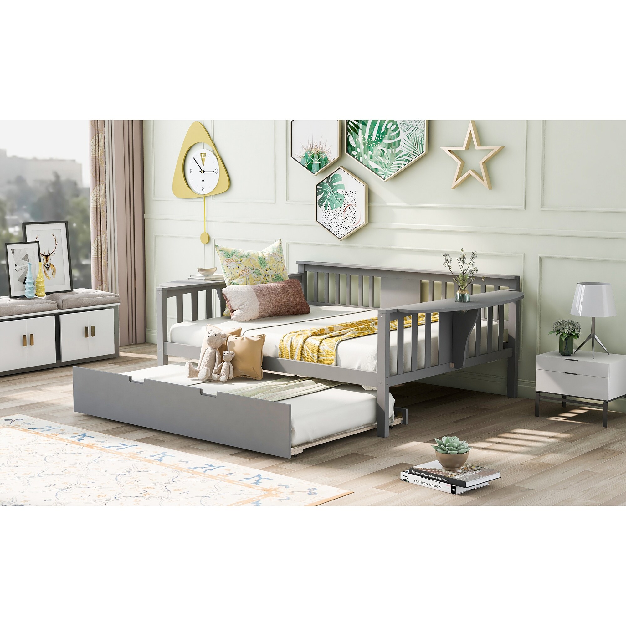 Full size Daybed with Twin size Trundle, Wood Slat Support, White,Gray,Espresso White