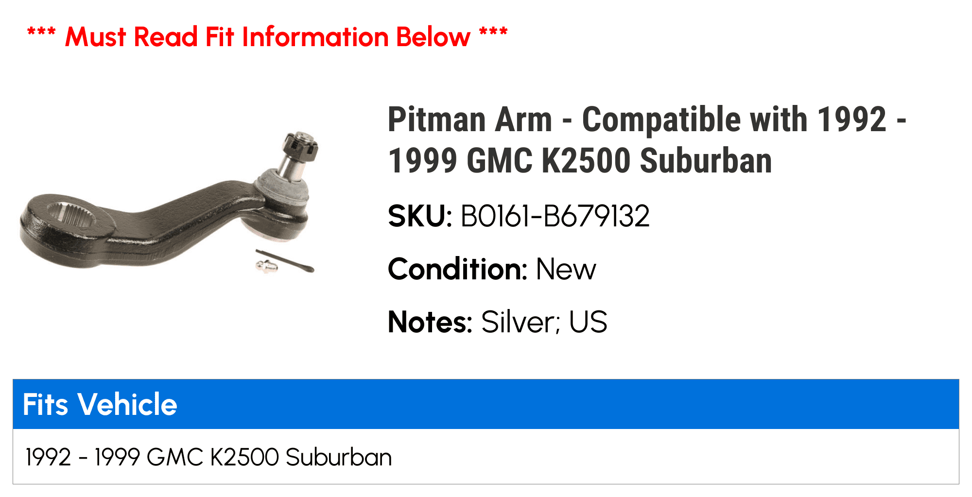 Pitman Arm - Compatible with 1992 - 1999 GMC K2500 Suburban 1993 1994 1995 1996 1997 1998