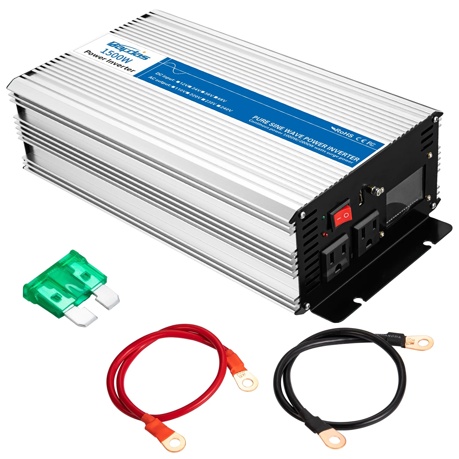 1500W Pure Sine Wave Power Inverter DC 12V to AC 110V Power Converter 4 AC 110v Outlets and 1 USB Port