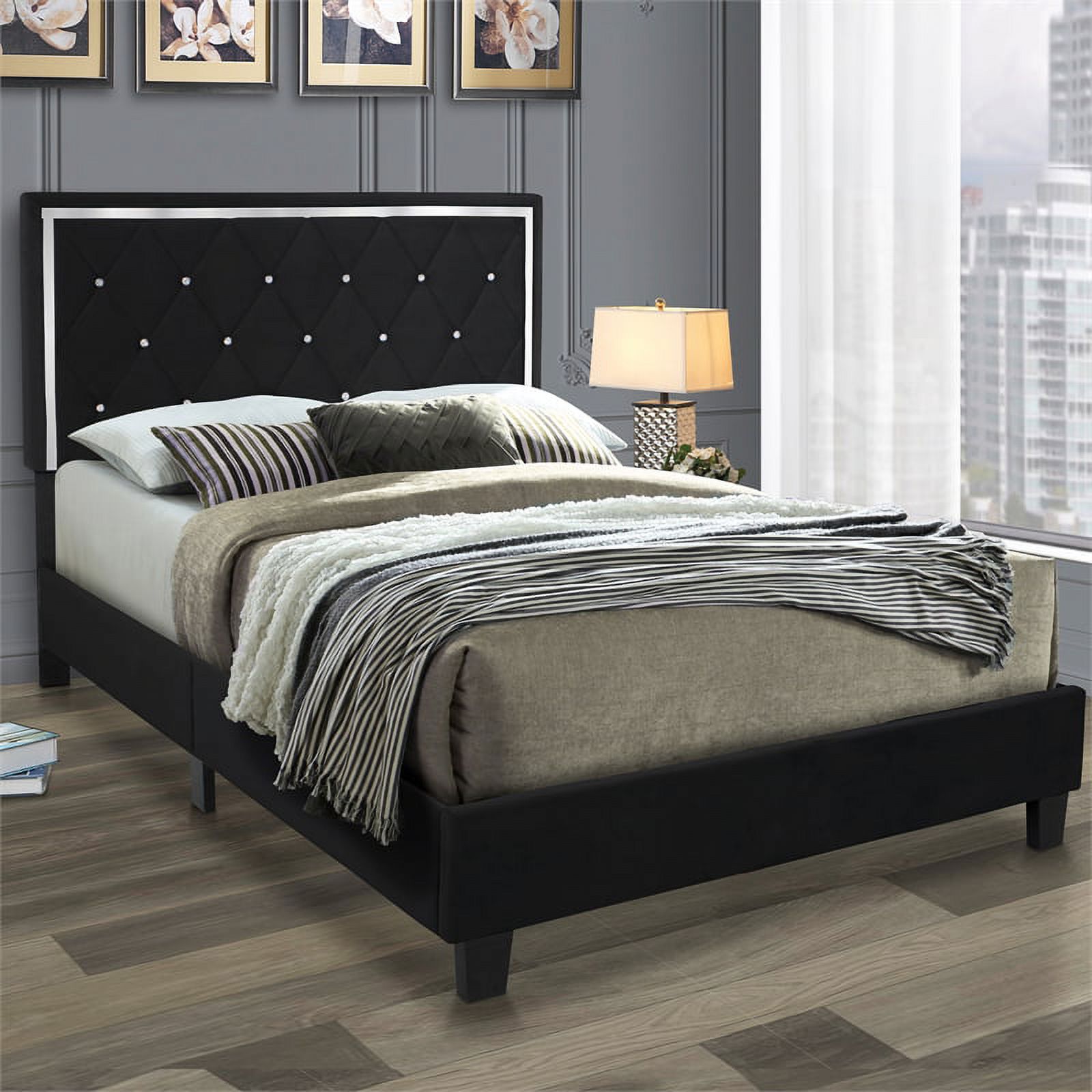 Pemberly Row Modern Velvet Upholstered Queen Platform Bed in Black