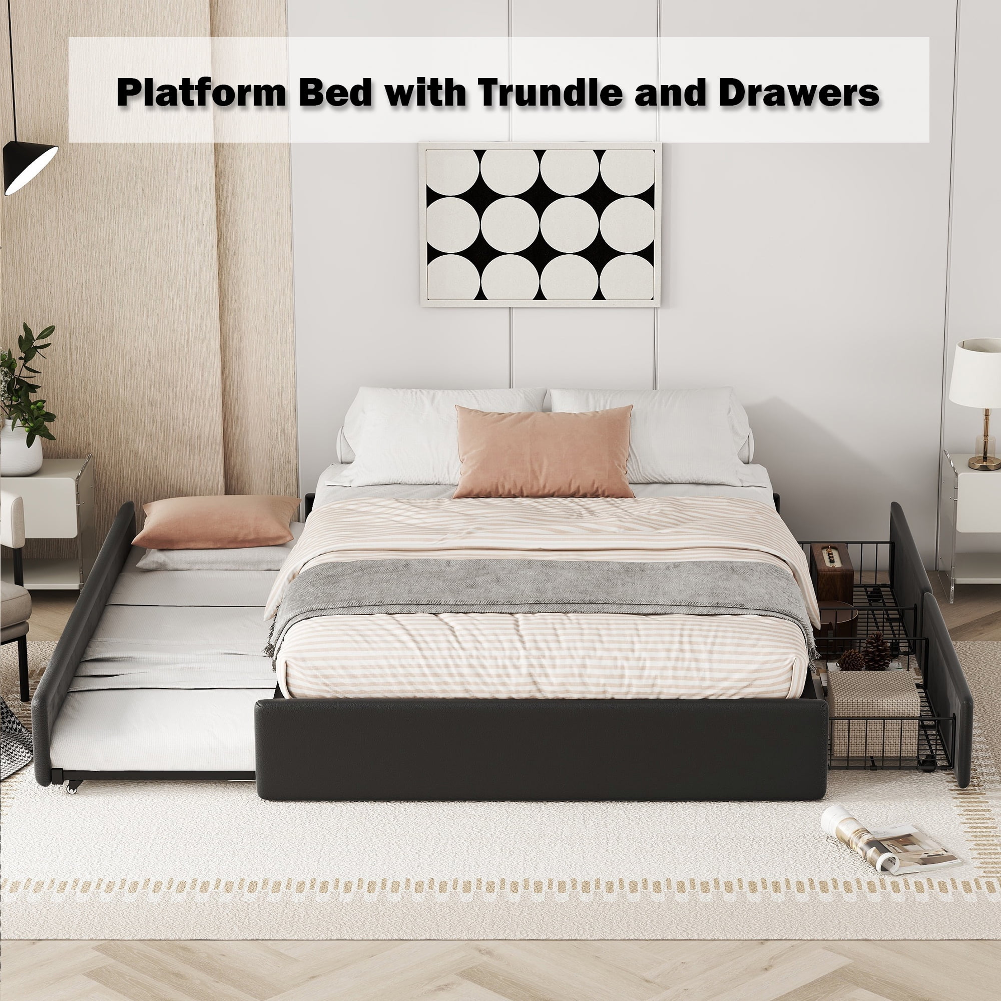 Bellemave Queen Platform Bed Frame with Trundle and Drawers Queen Bed Frame with Storage, Trundle Platform Bed, Storage Platform Bed with Pull Out Twin XL Trundle for Kids Teens and Adults, Black