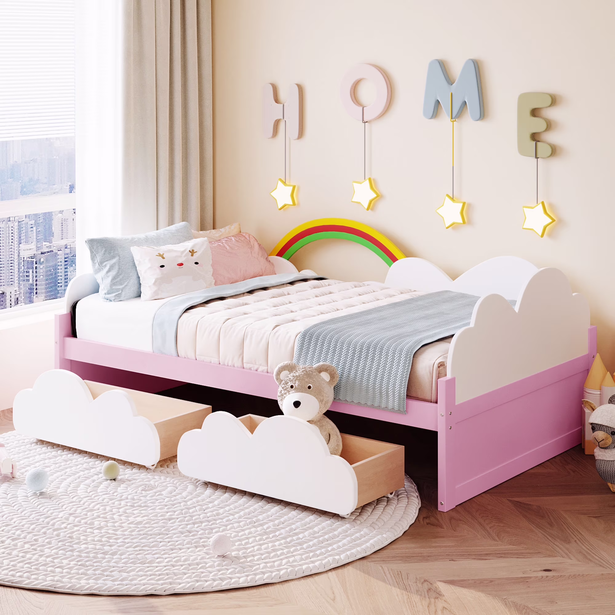 Churanty Twin Size Daybed for Girls Pink Platform Bed Wood Frame with Storage Drawers, Clouds and Rainbow Decor