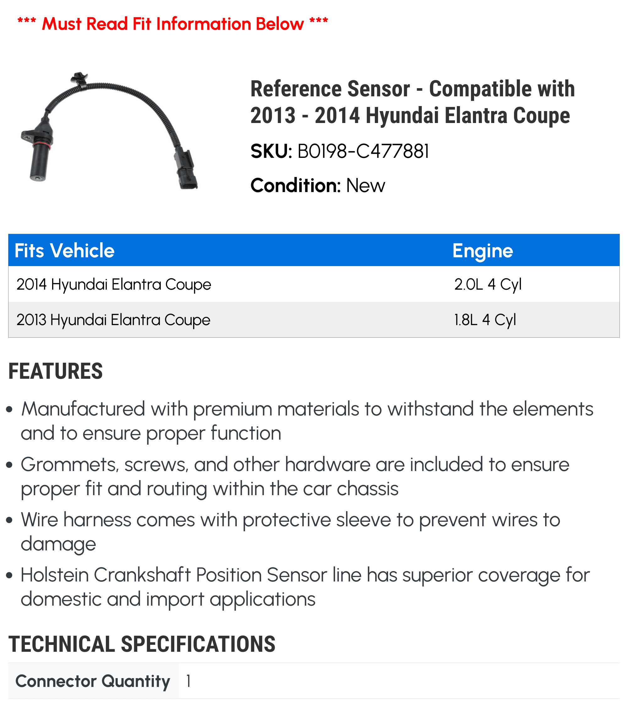 Reference Sensor - Compatible with 2013 - 2014 Hyundai Elantra Coupe