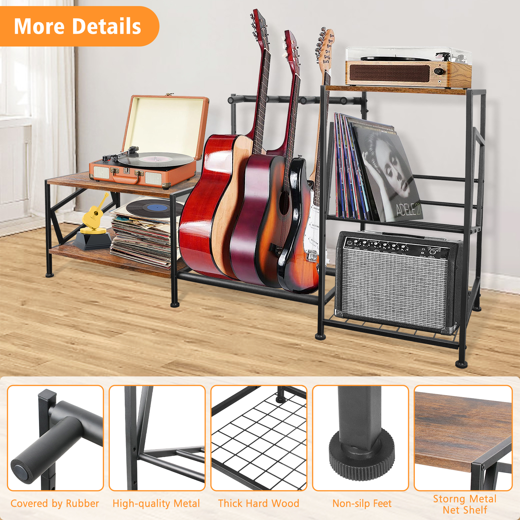 LOMILD Guitar Stand Floor For Multiple Guitars Amp Records Guitar Accessories, Guitar Rack 3 Holders For Bass Acoustic Electric Guitar