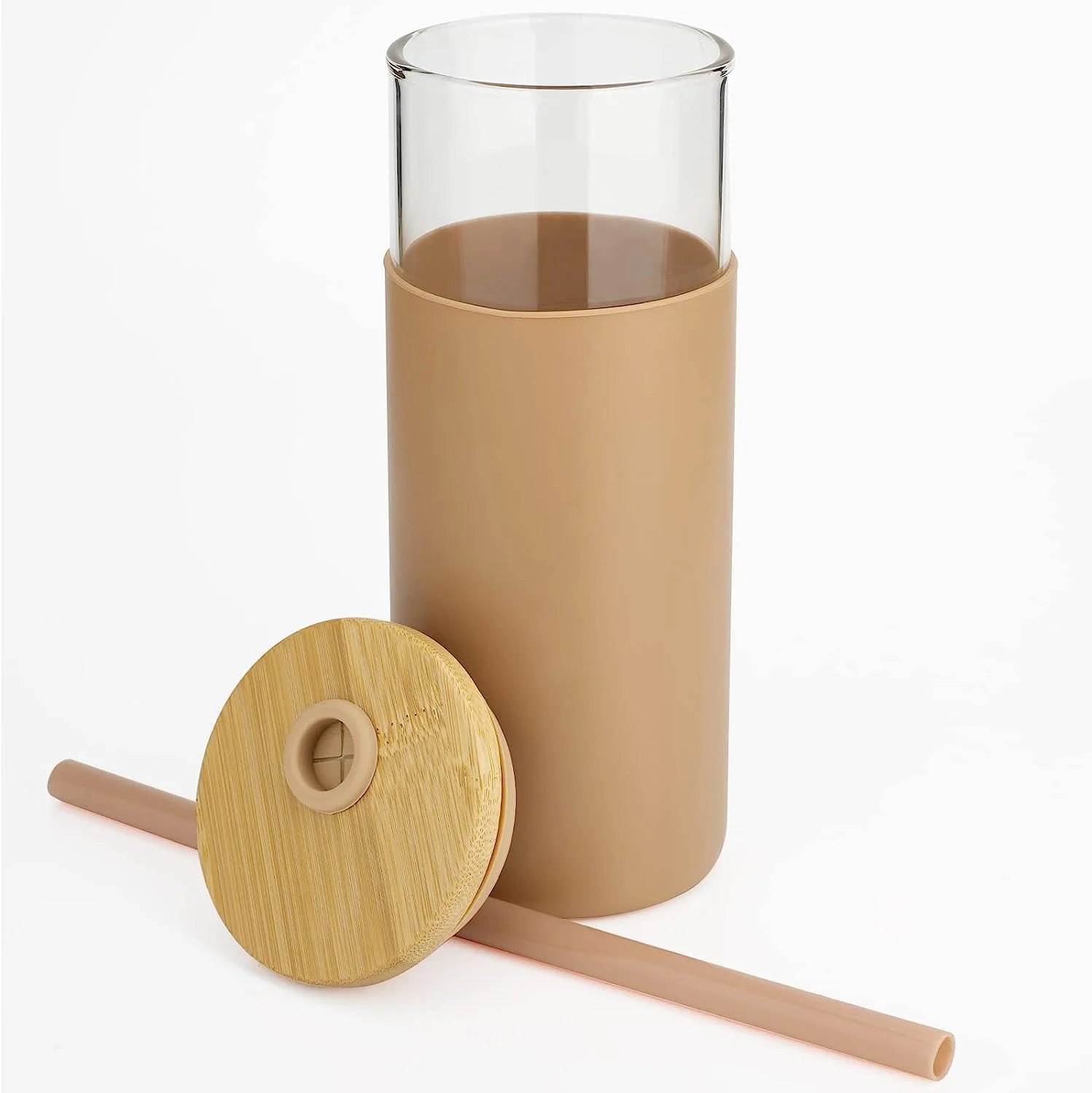 Tronco 20 oz glass tumbler glass water bottle straw silicone protective sleeve bamboo lid-BPA free-Amber