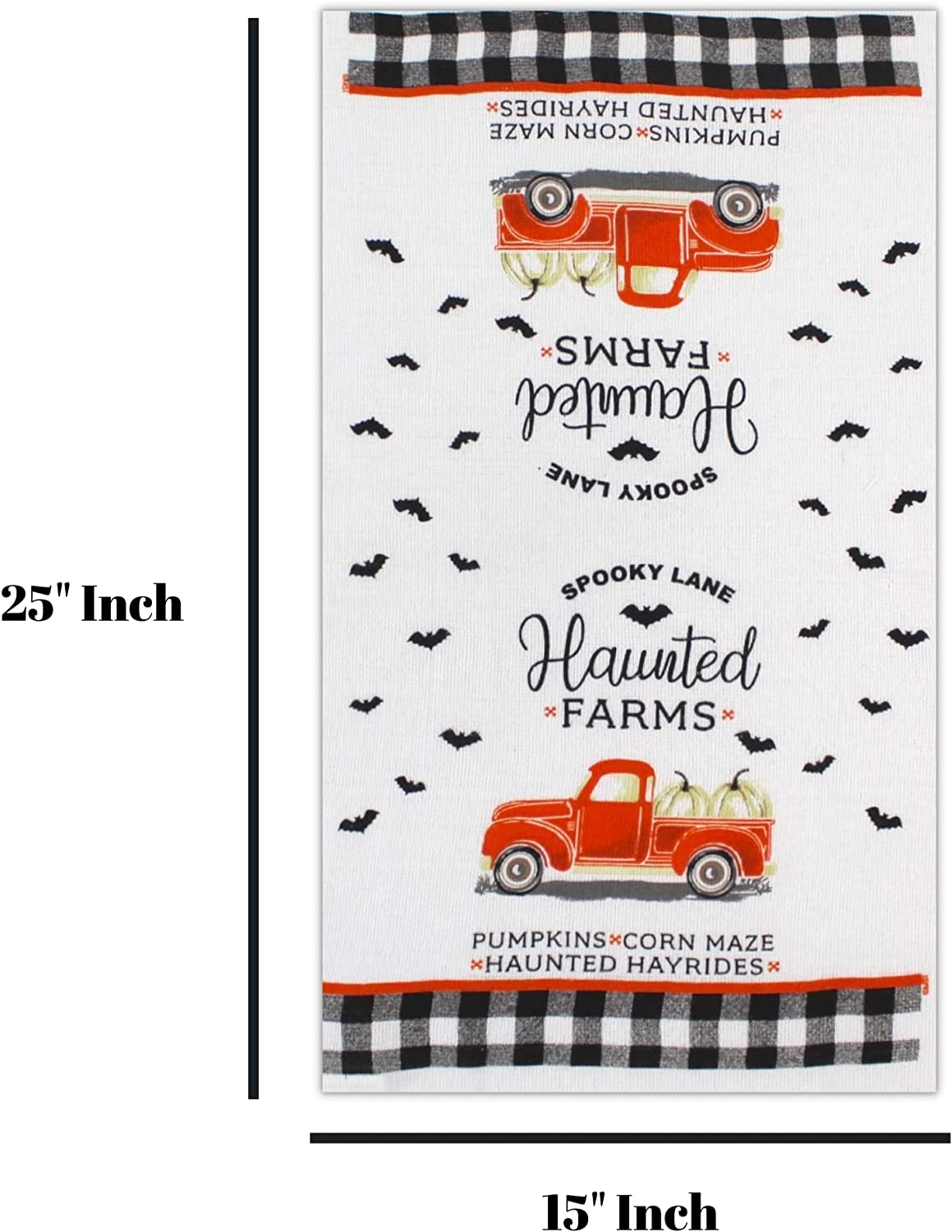 Serafina Home Halloween Kitchen Dish Towel Set: Spooky Hollow Haunted Black and Spooky Lane Orange Trucks with Plaid Border