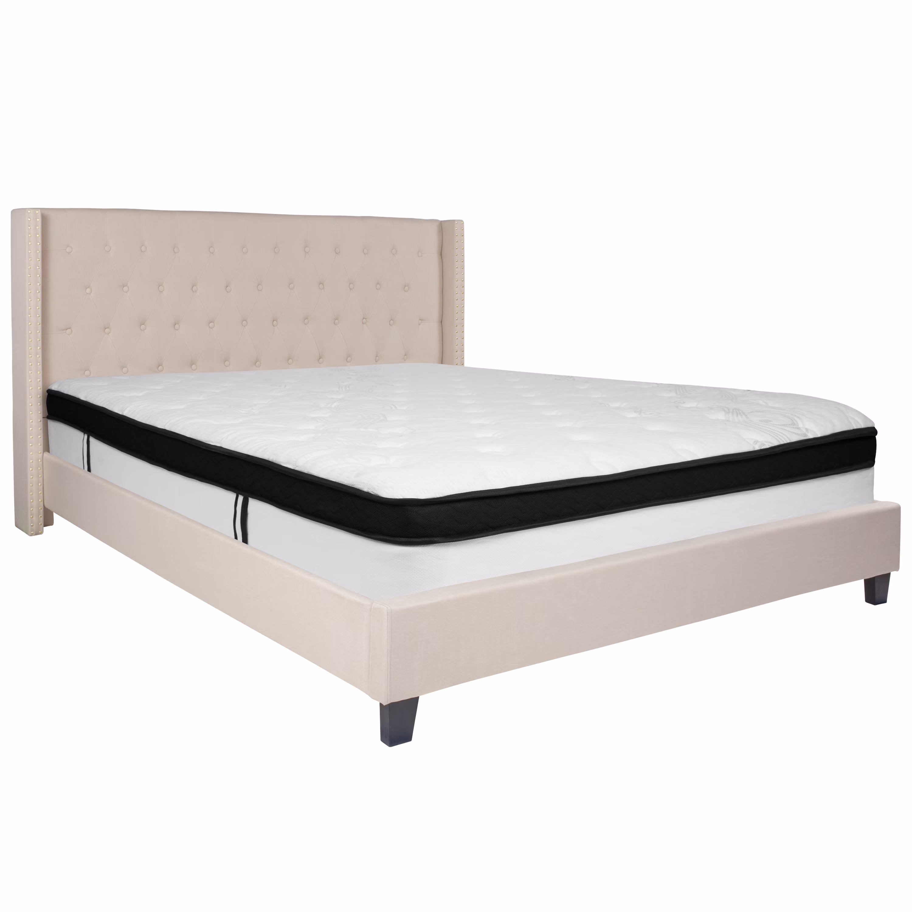 Flash Furniture Riverdale King Size Tufted Upholstered Platform Bed in Beige Fabric with Memory Foam Mattress