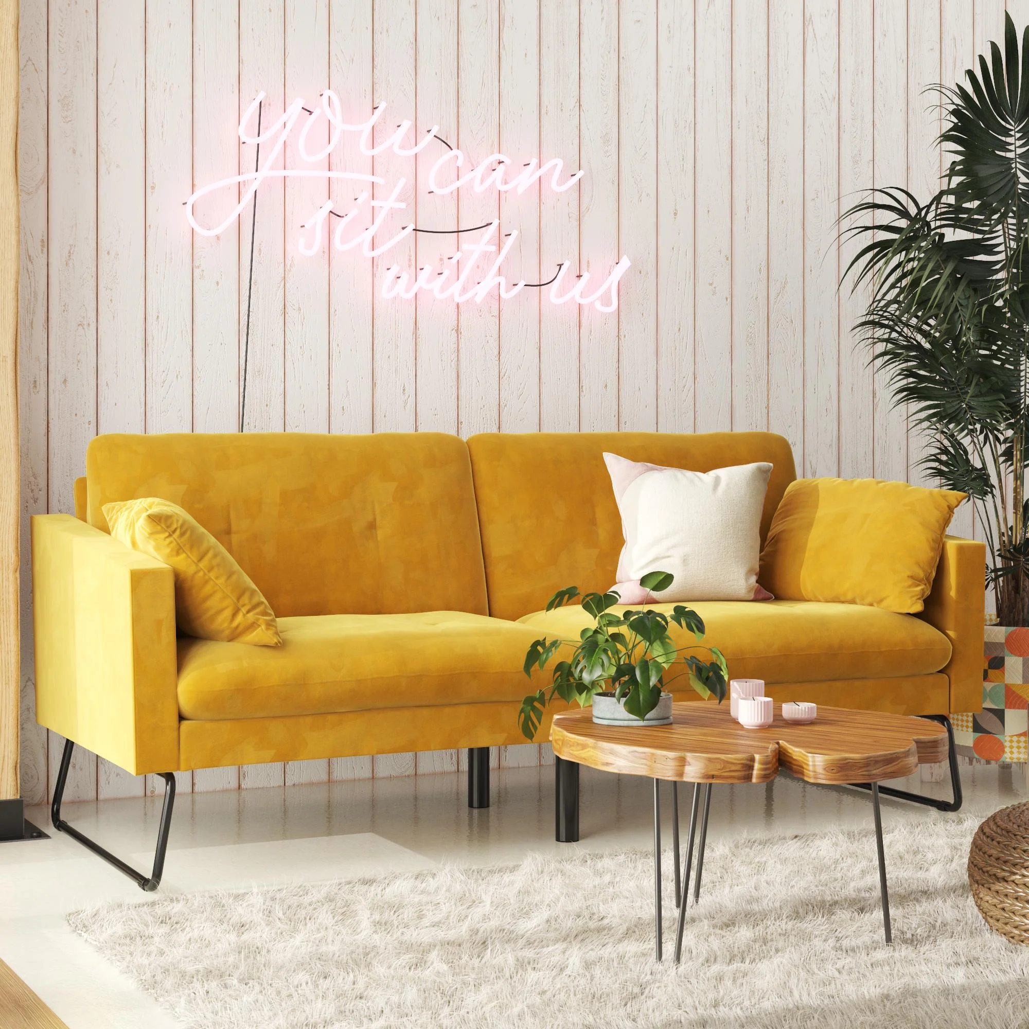 Mr. Kate Neely Futon with Bolster Pillows, Mustard Velvet