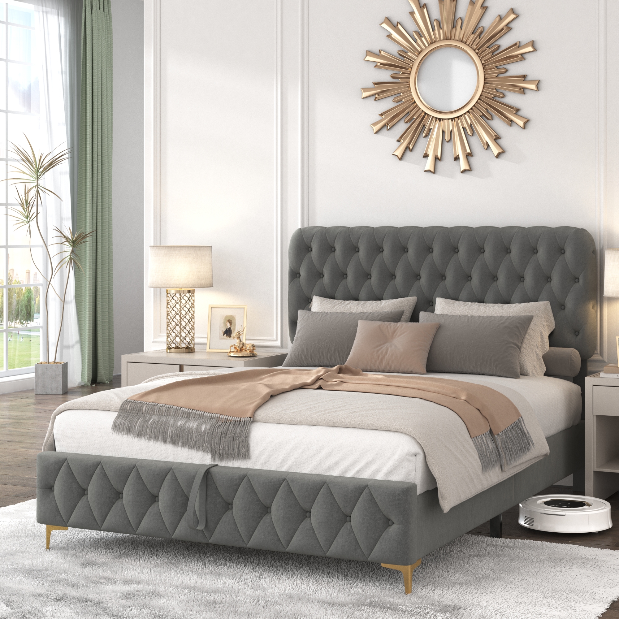 Gray Queen Platform Bed Frame with Pneumatic Hydraulic Function, Velvet Upholstery, Deep Tufted Buttons, and Hidden Underbed Storage