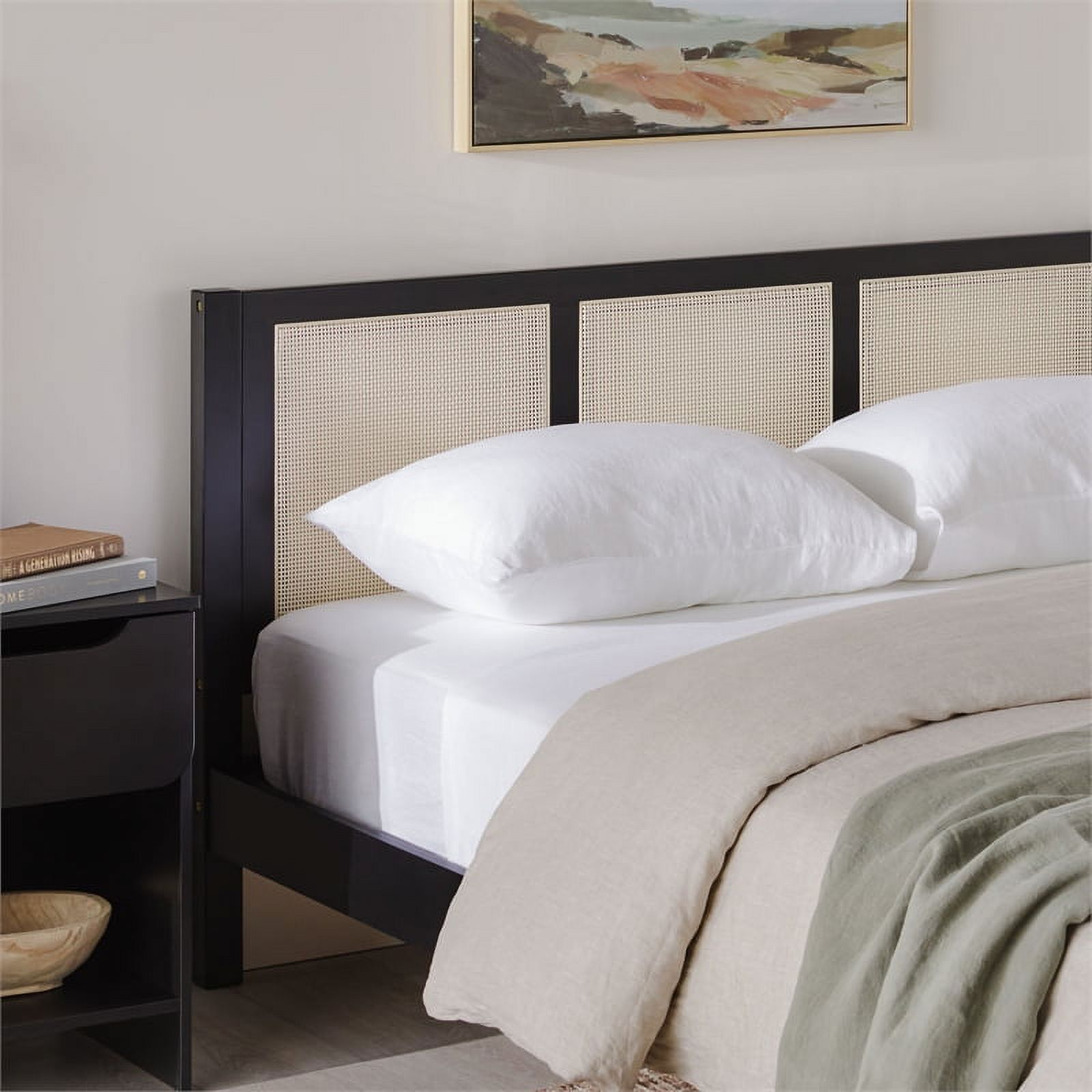 Pemberly Row Solid Wood Rattan Headboard Queen Bedframe - Black
