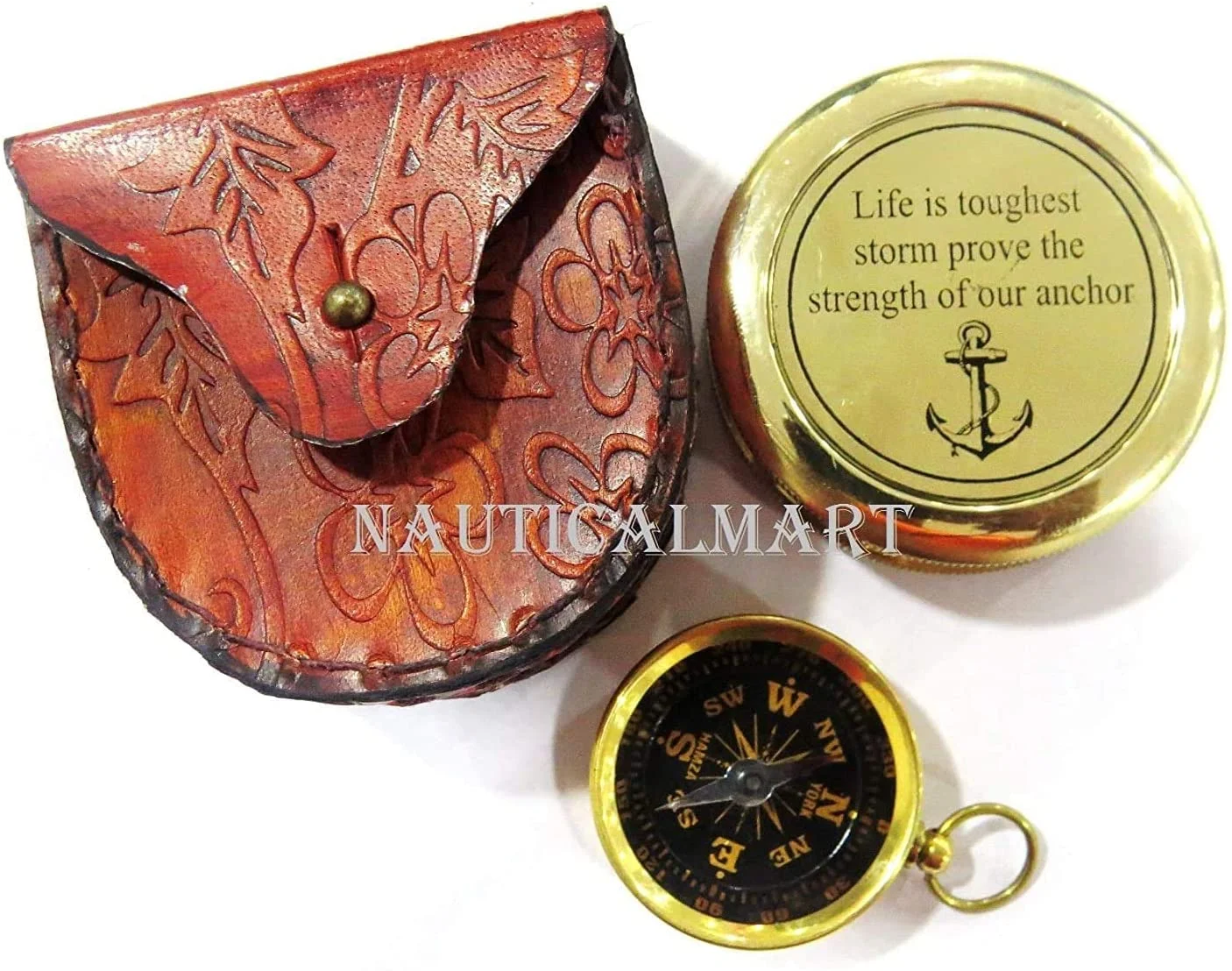 NauticalMart Brass Compass Life is a Toughest Storms Prove The Strength of Your Anchor Engraved with Mini Compass Combo Gift