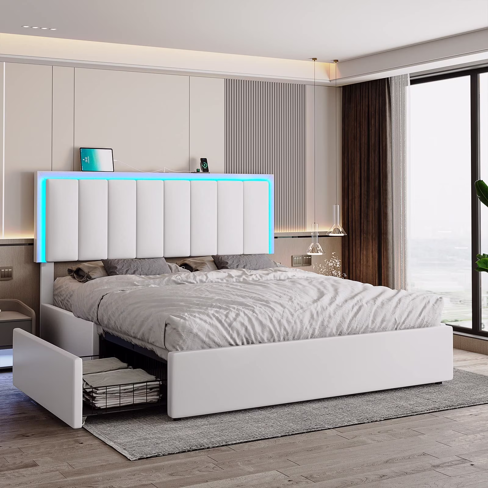 DICTAC Queen LED Bed Frame with 4 Storage Drawers and USB Ports Modern Upholstered Platform Bed Frame with Storage Faux Leather Storage with LED Headboard, Easy Assemble, No Box Spring Needed, White