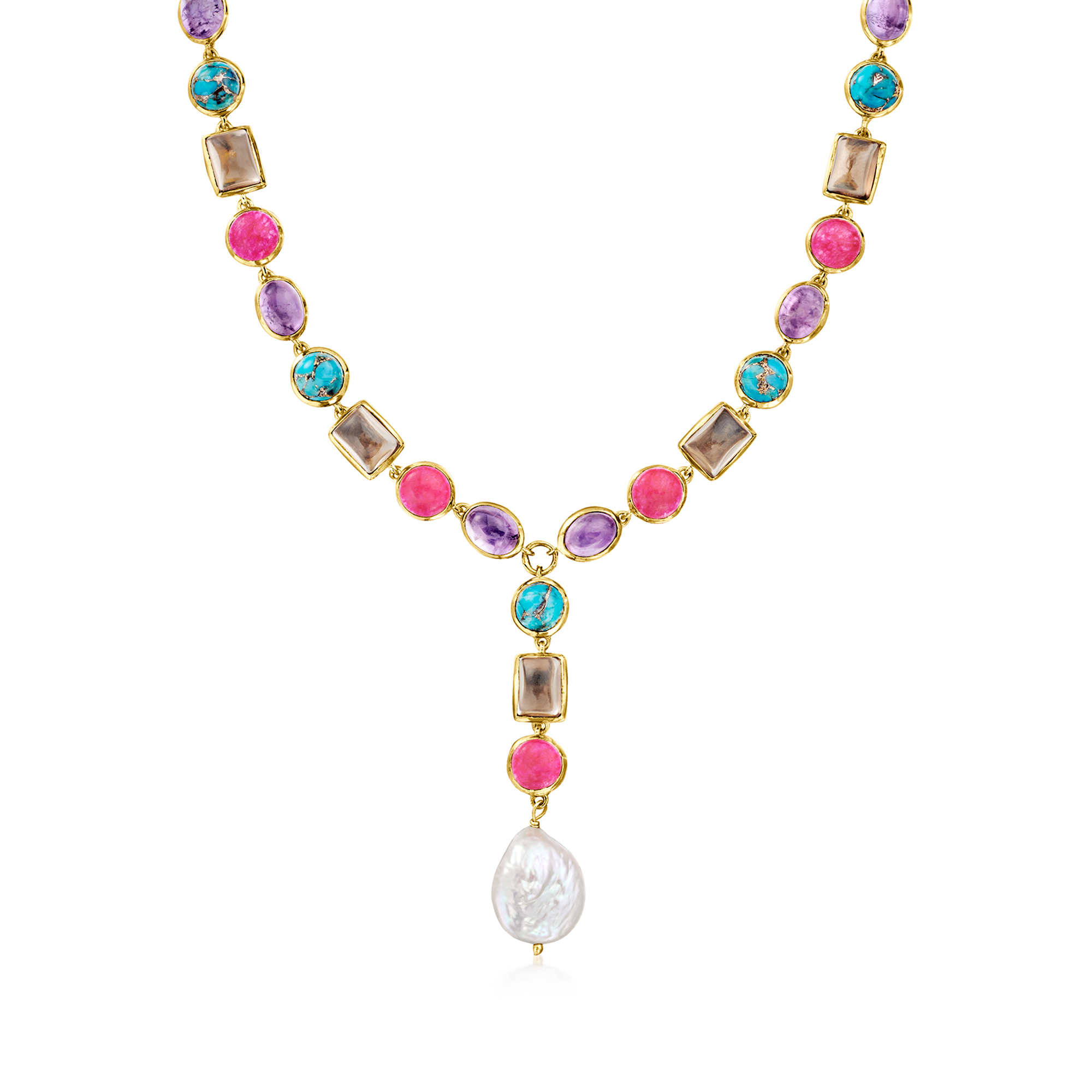 Ross-Simons 40.75 ct. t.w. Multi-Gemstone and 9x14mm Cultured Pearl Y-Necklace With Turquoise in 18kt Gold Over Sterling, Women's, Adult