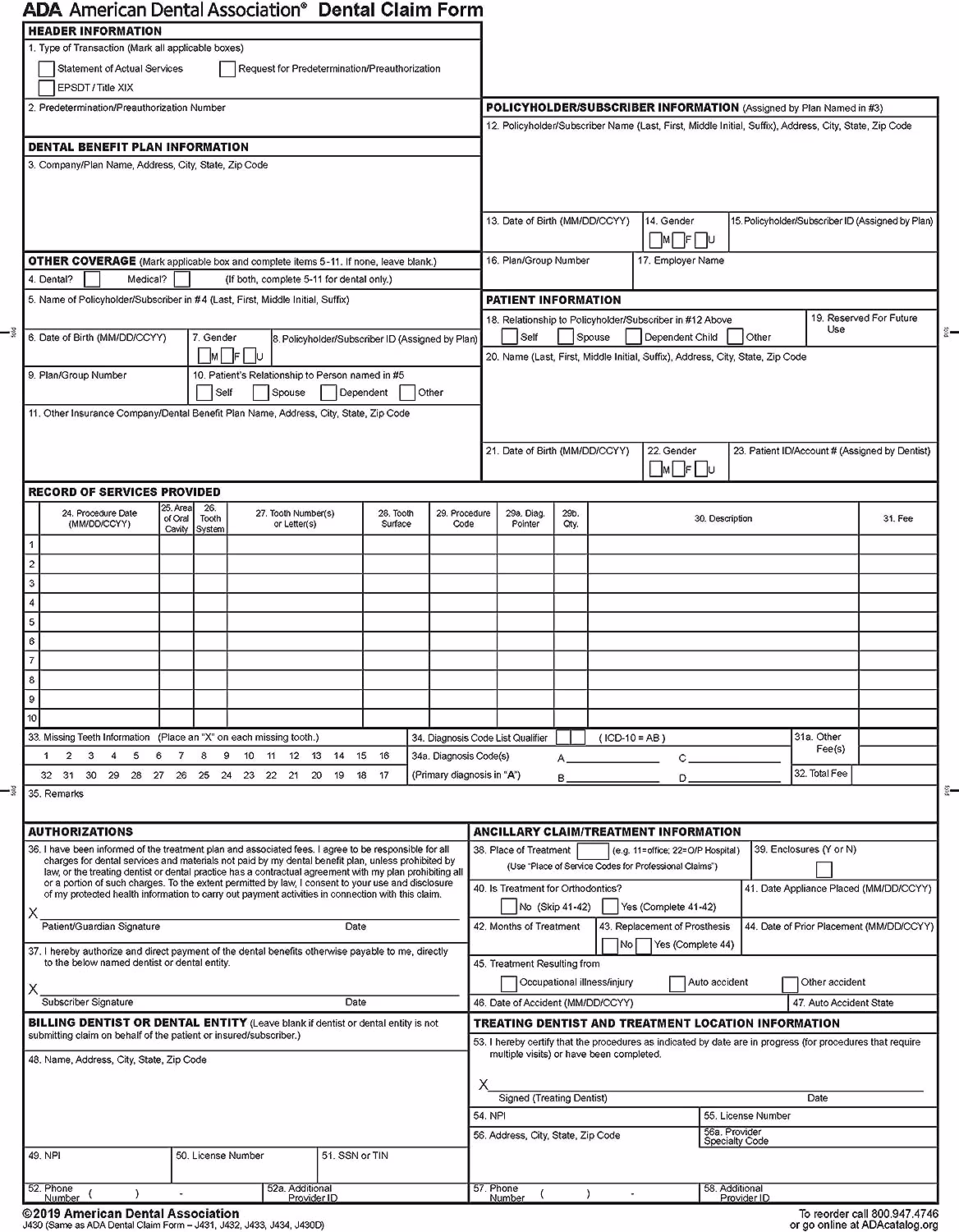 ADA Dental Claim Form (New 2019 Version), Single Sheets, 2,500 Sheets