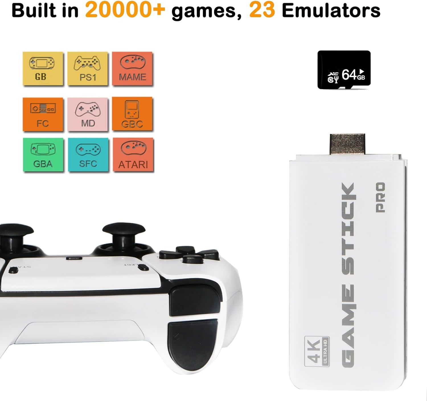 Wireless Retro Game Console, Plug and Play Video Game Stick Built in 20000+ Games,23 Classic Emulators, 4K High Definition HDMI Output for TV with Dual 2.4G Wireless Controllers