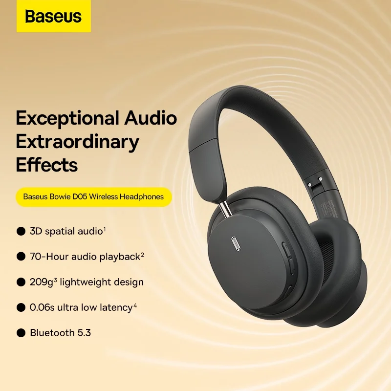Baseus Bluetooth Headphones Over Ear, 70H Playtime and 0.06s Low-Latency Wireless Headphones with Mic, HiFi Stereo Foldable Headset Gray