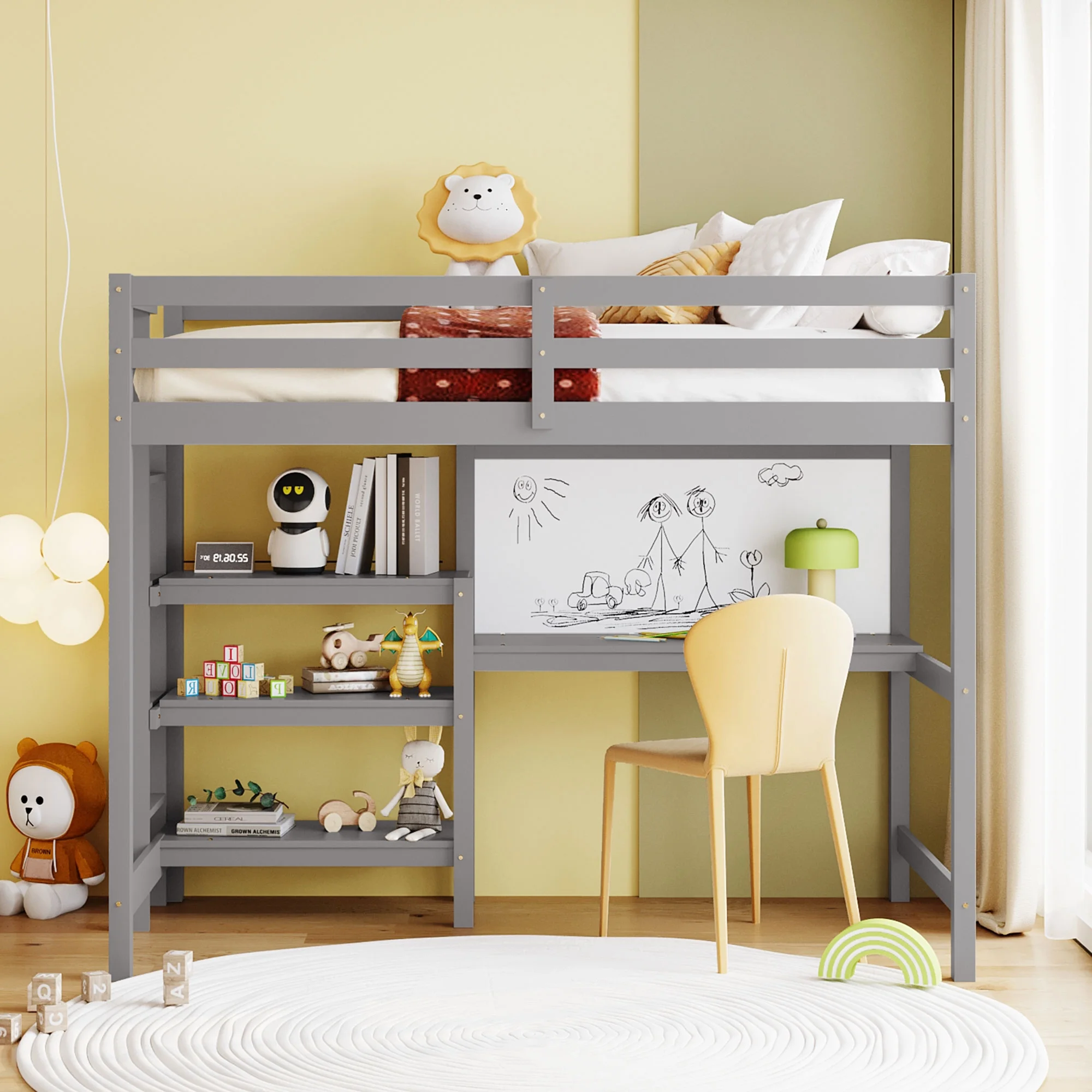 Bellemave Twin Size Loft Bed with Desk, Writing Board and 3-Storage Shelves, Wood Loft Bed Frame with Ladder and Guardrail for Kids, Teens, Adults (Gray)