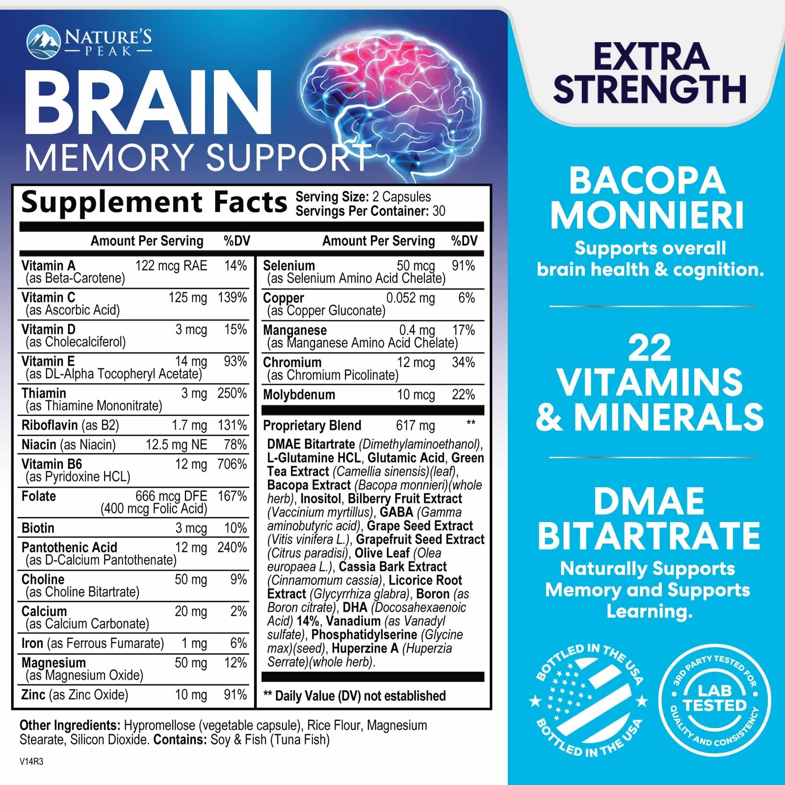 Brain Supplement for Memory and Focus, Nootropic Support for Concentration, Clarity, Energy, Brain Health with Bacopa, Cognitive Vitamins, Phosphatidylserine, DMAE, Nootropics & More - 60 Capsules
