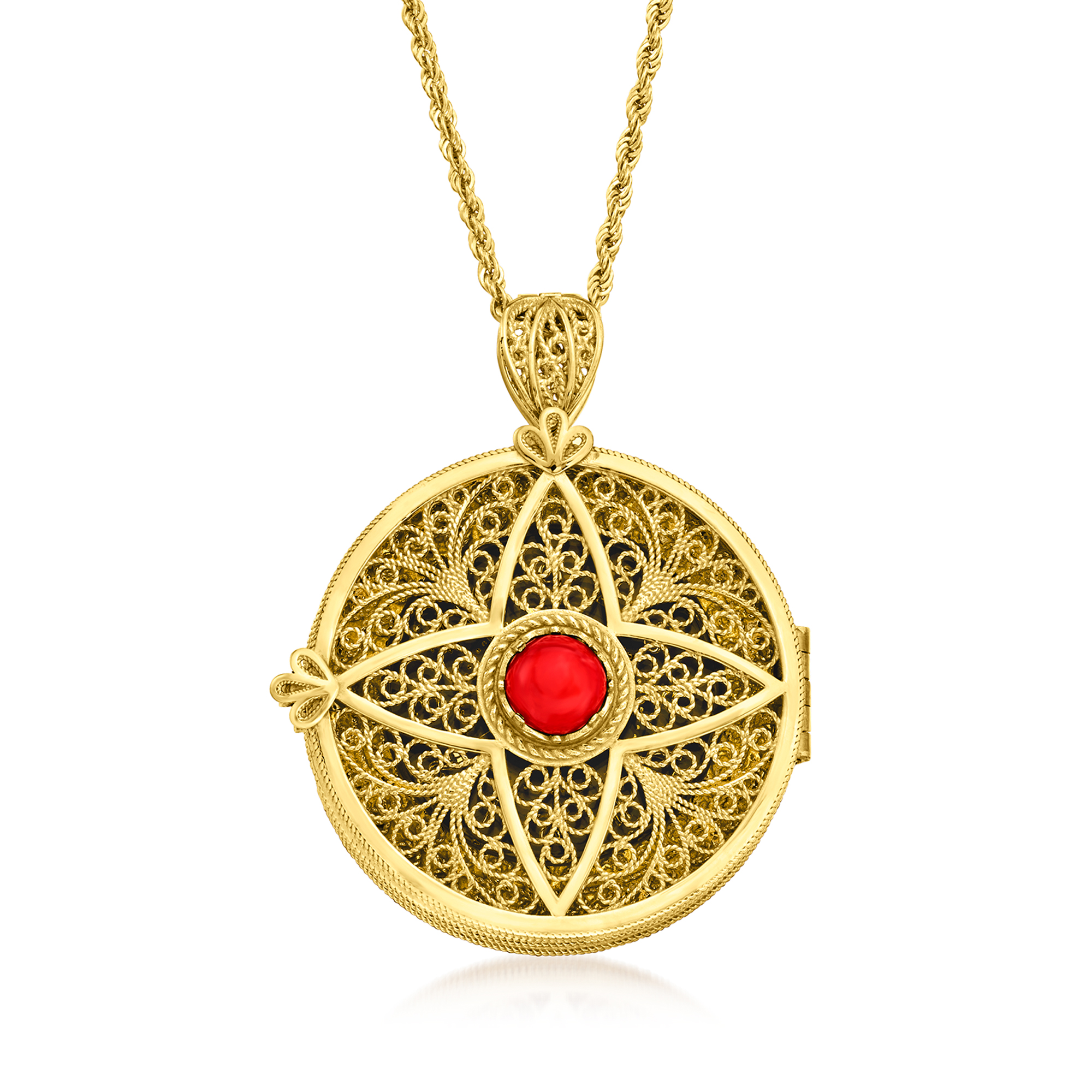 Ross-Simons 8mm Coral and Red Mother-Of-Pearl Watch Medallion Pendant Necklace in 18kt Gold Over Sterling, Women's, Adult