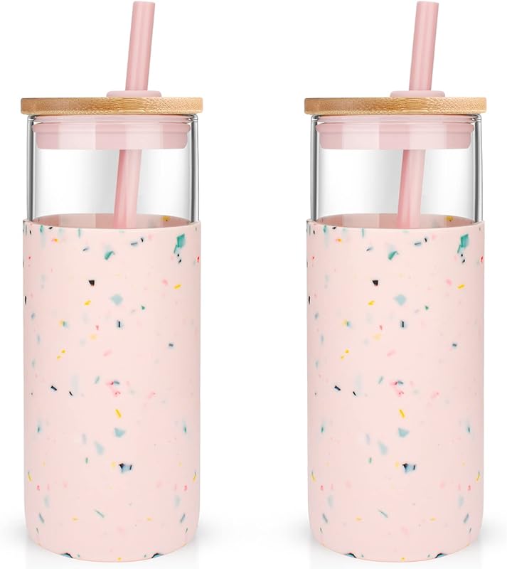 Tronco 20 oz glass tumbler glass water bottle straw silicone protective sleeve bamboo lid-BPA free-Amber