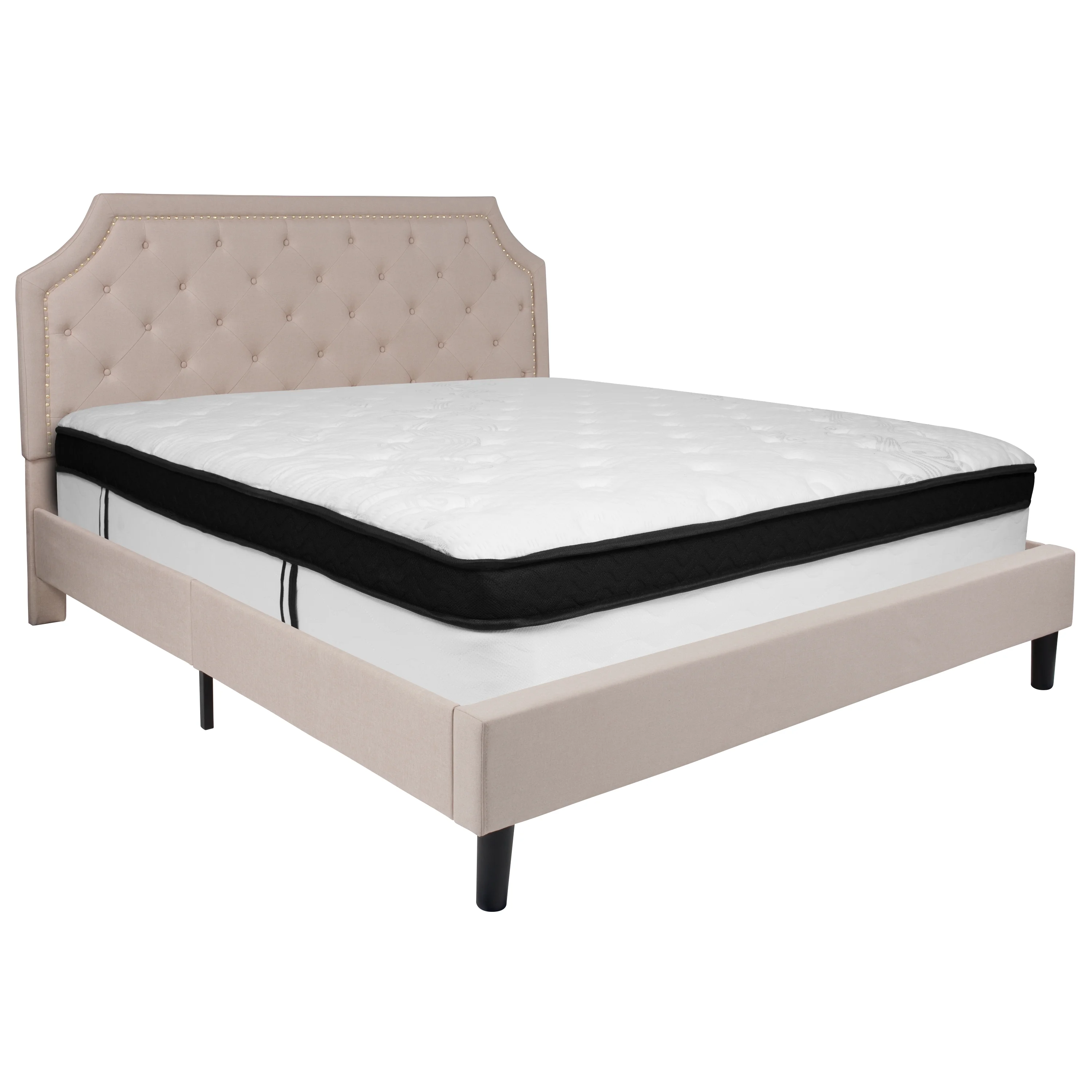 BizChair King Size Arched Tufted Upholstered Platform Bed in Beige Fabric with Memory Foam Mattress