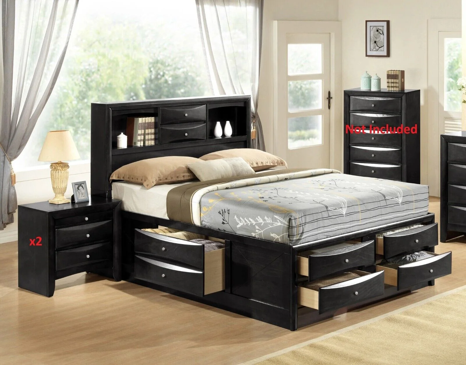 Contemporary King Size 3pc Bedroom Set Storage Drawers Bed and Nightstands Black Finish Wooden Furniture