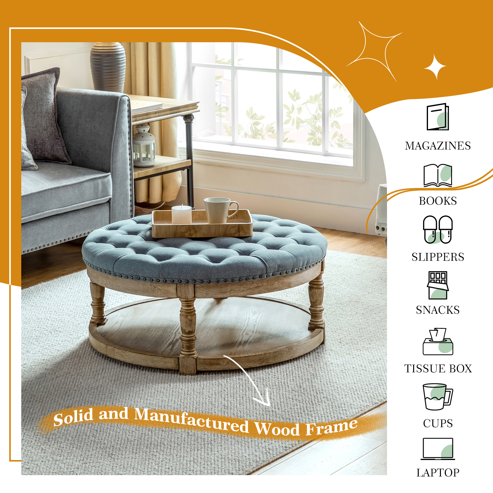 35.5'' Wide Tufted Round Cocktail Ottoman with Storage Wood Legs Home Living Room Blue