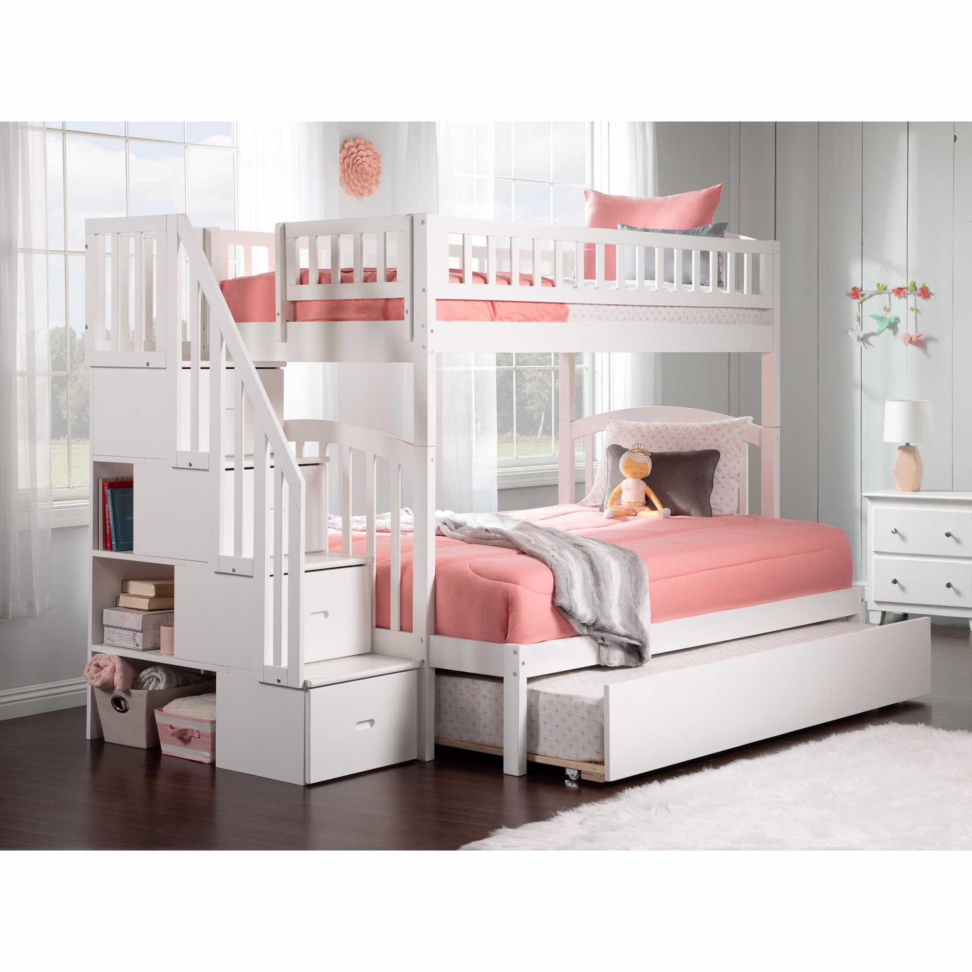 Westbrook Staircase Bunk Twin over Full with Twin Size Urban Trundle Bed in White