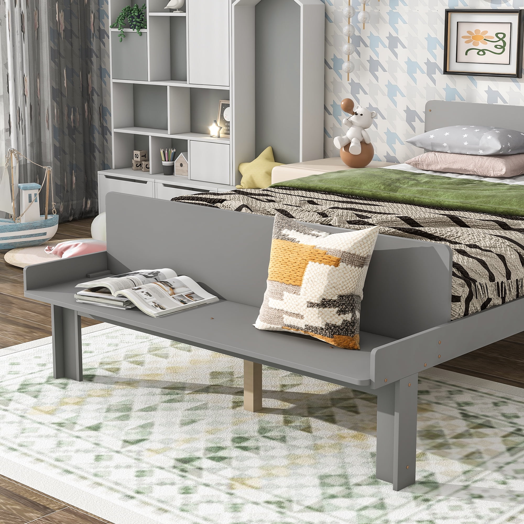 Bedside stool ,Full Bed with Footboard Bench,Grey
