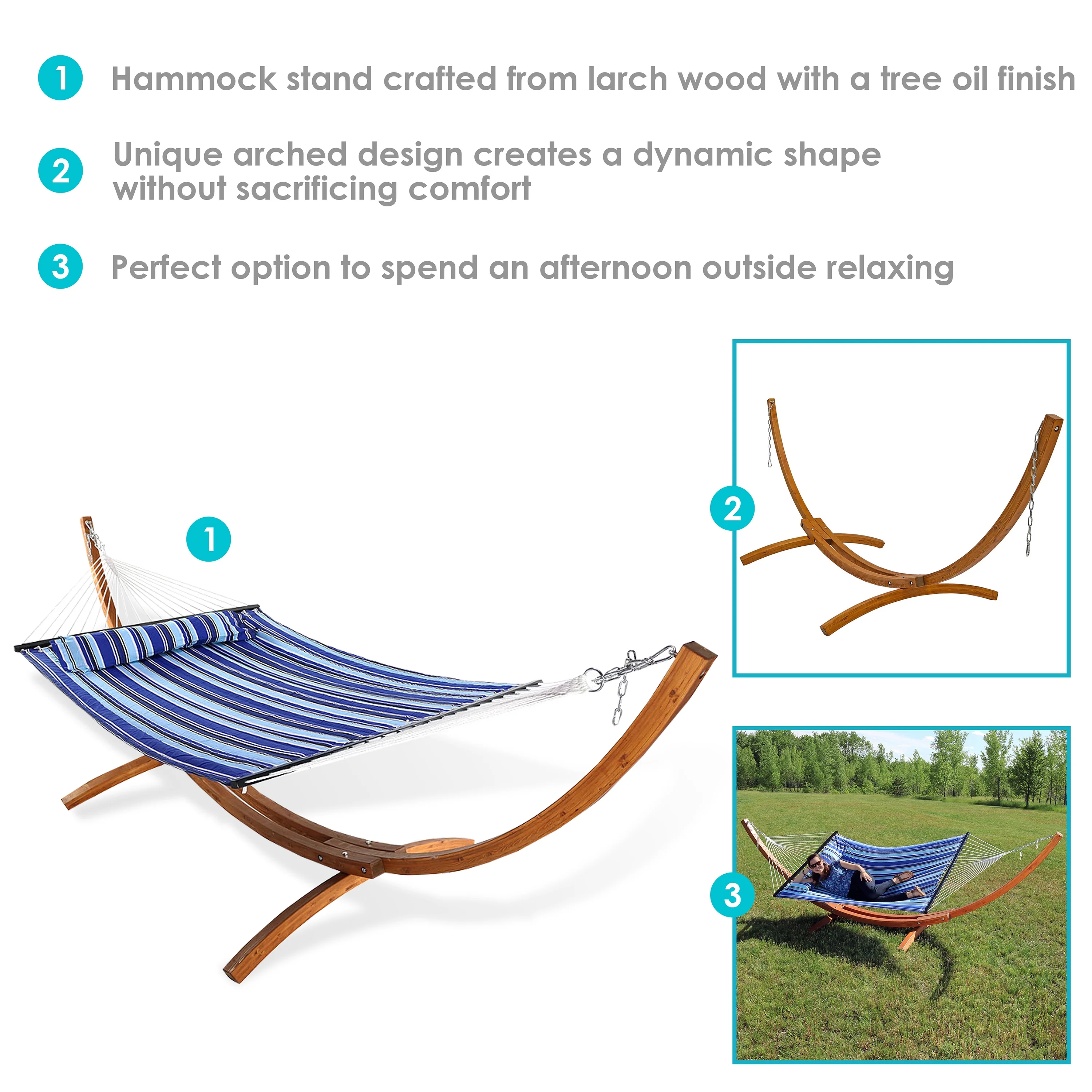 Sunnydaze 2-Person Double Quilted Hammock with Wooden Stand - Catalina Beach - 12'