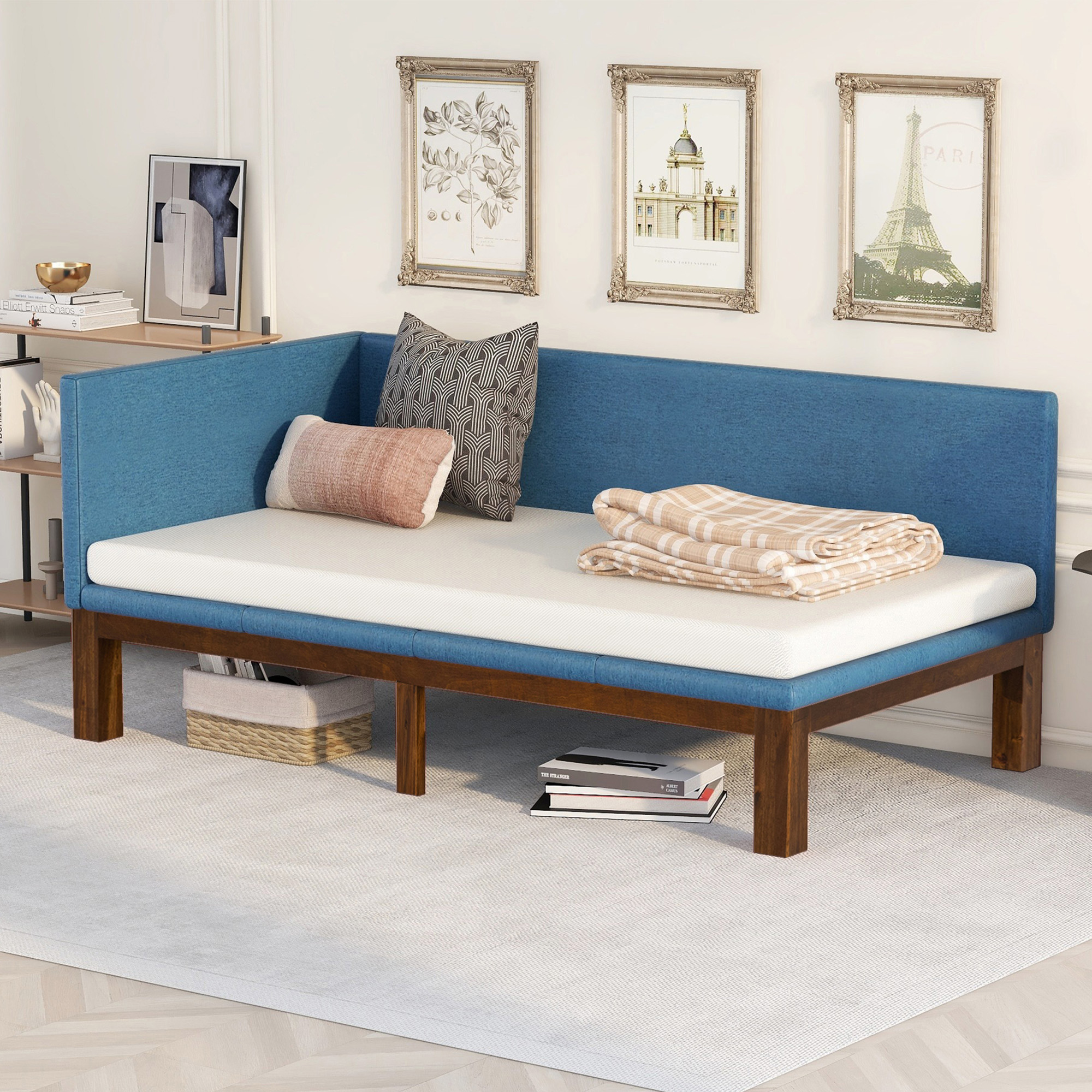 Kuurfuurdo Twin Size Upholstered Daybed Wood Slat Frame Support Sofa Bed Linen, Blue