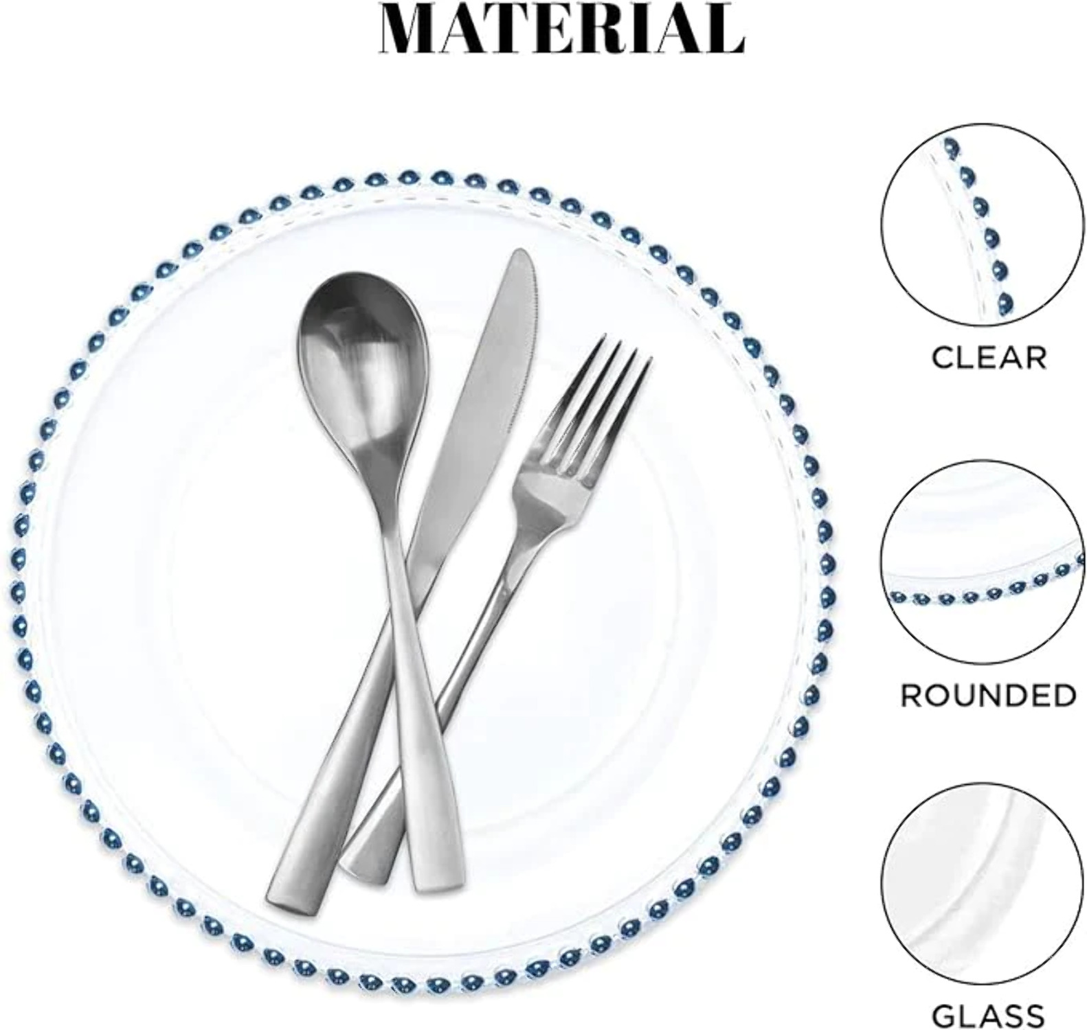 8 Pack | Blue Beaded Clear Glass Charger Plates