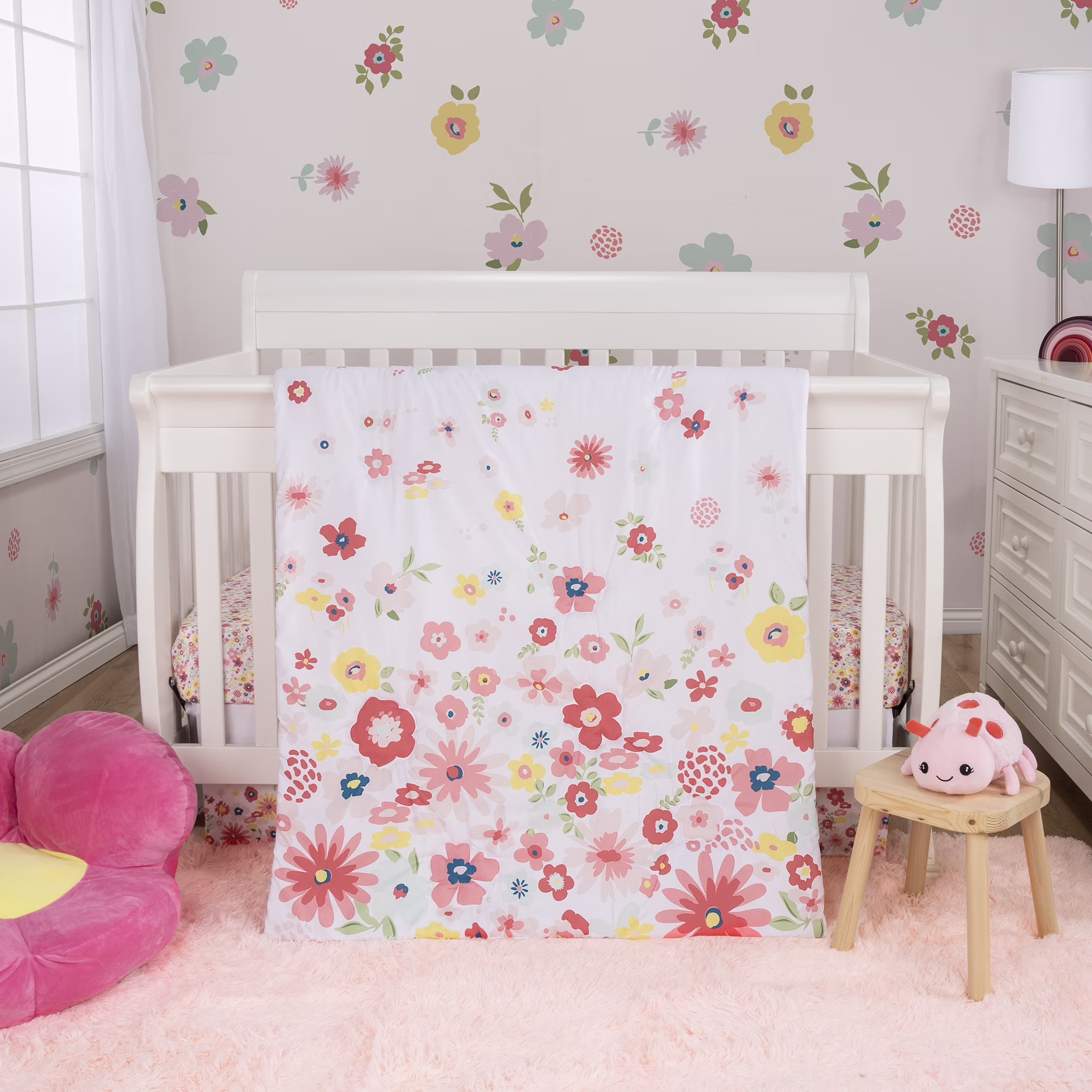 Sammy & Lou Floral Sprinkles 4 Piece Crib Bedding Set, Infant, Pink, Ladybug