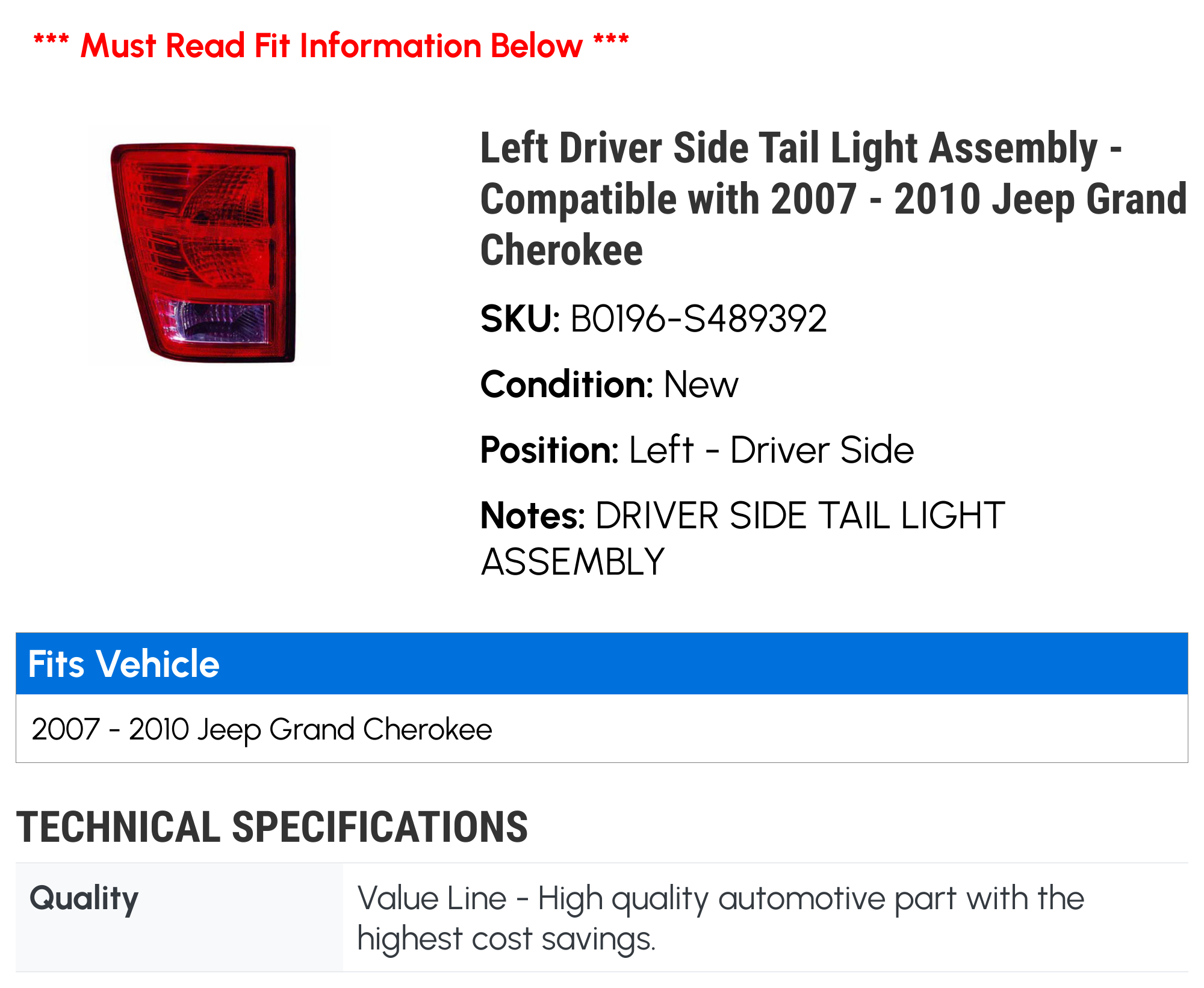 Left Driver Side Tail Light Assembly - Compatible with 2007 - 2010 Jeep Grand Cherokee 2008 2009