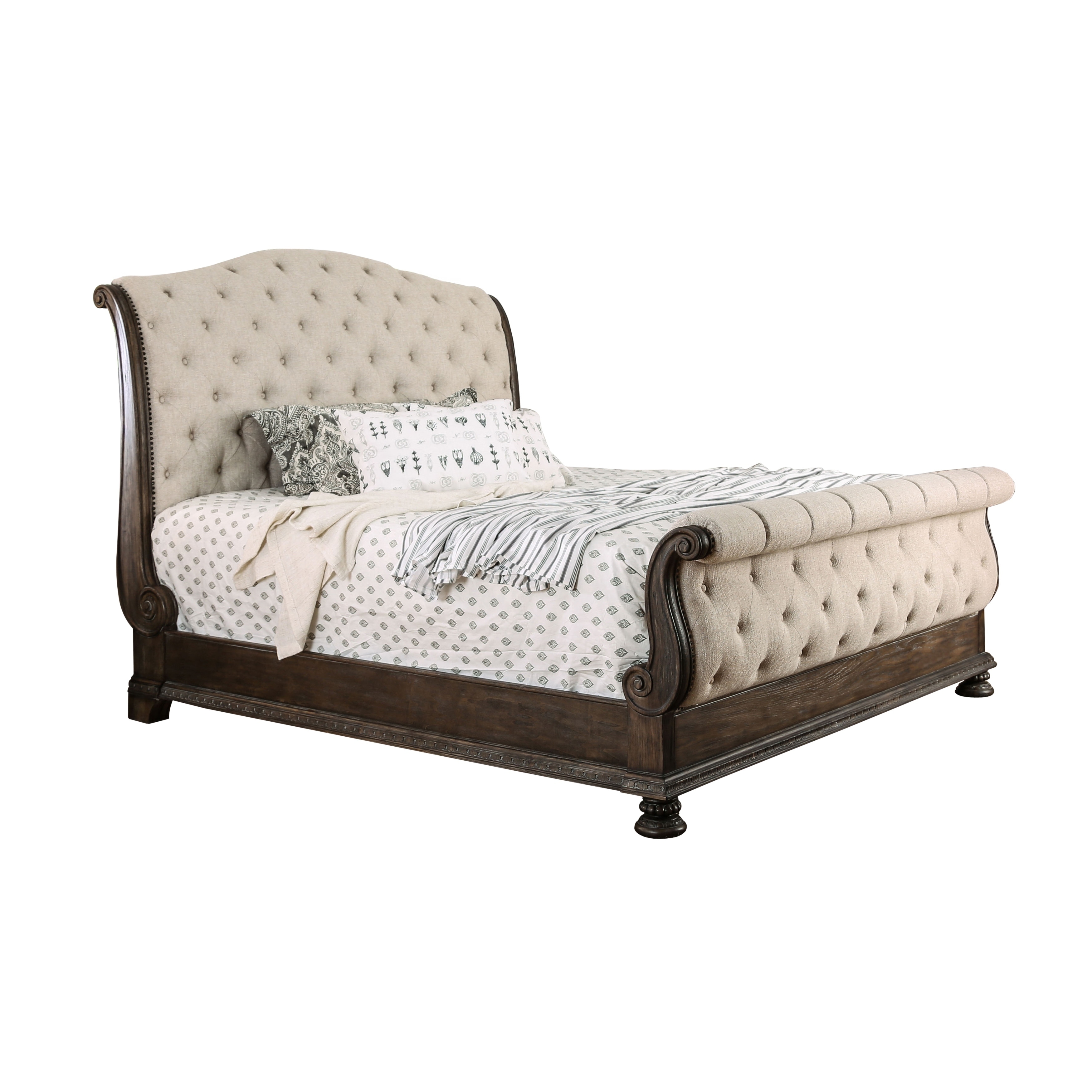 Furniture of America Brev Transitional Brown Fabric Tufted 3-Piece Sleigh Bedroom Set by  Eastern King