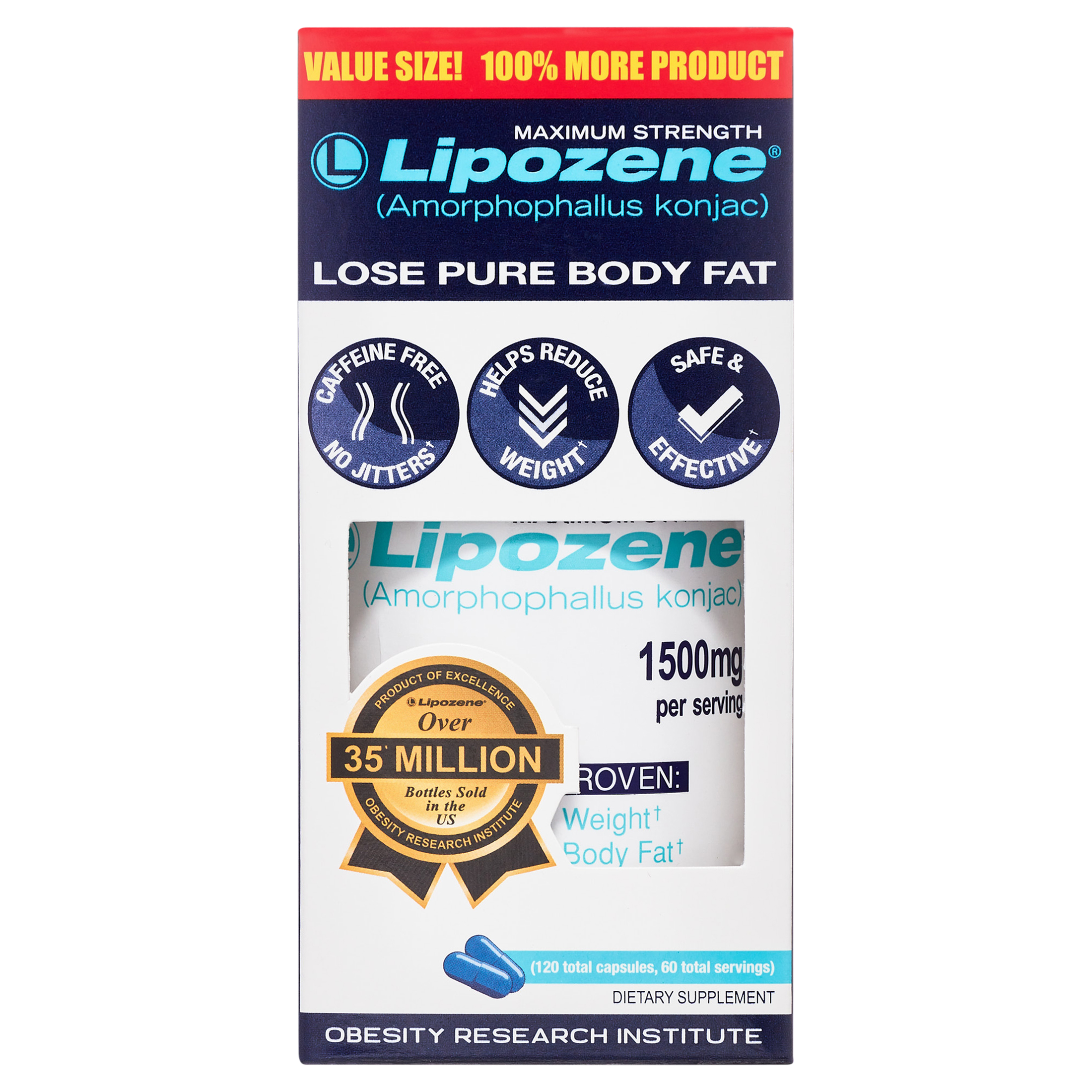 Lipozene Mega Bottle Maximum Strength Weight Loss Supplement, 1500 mg, 120 Capsules