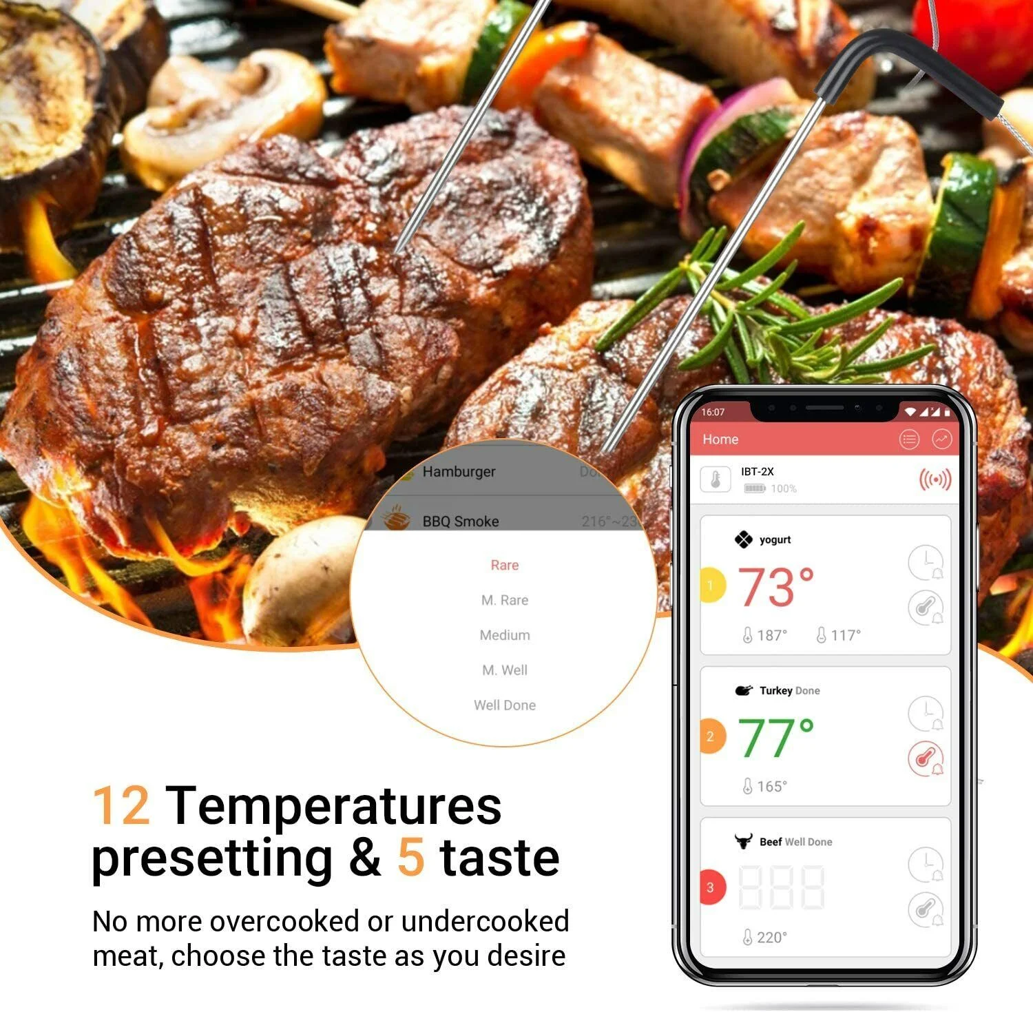 Inkbird IBT-2X Digital BBQ Grill Bluetooth Oven Smoker Thermometer ,Dual Probes