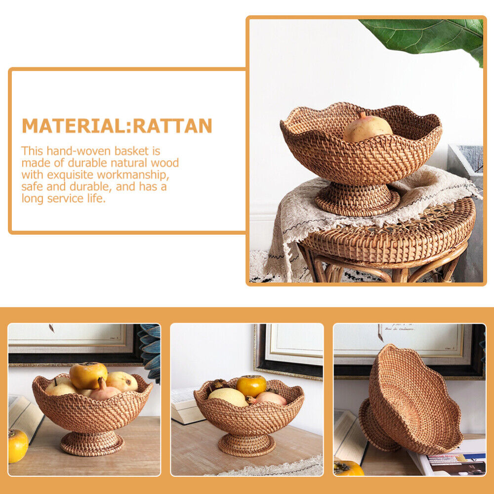 Rattan Fruit Plate Pedestal Display Basket Wicker Snack Trays