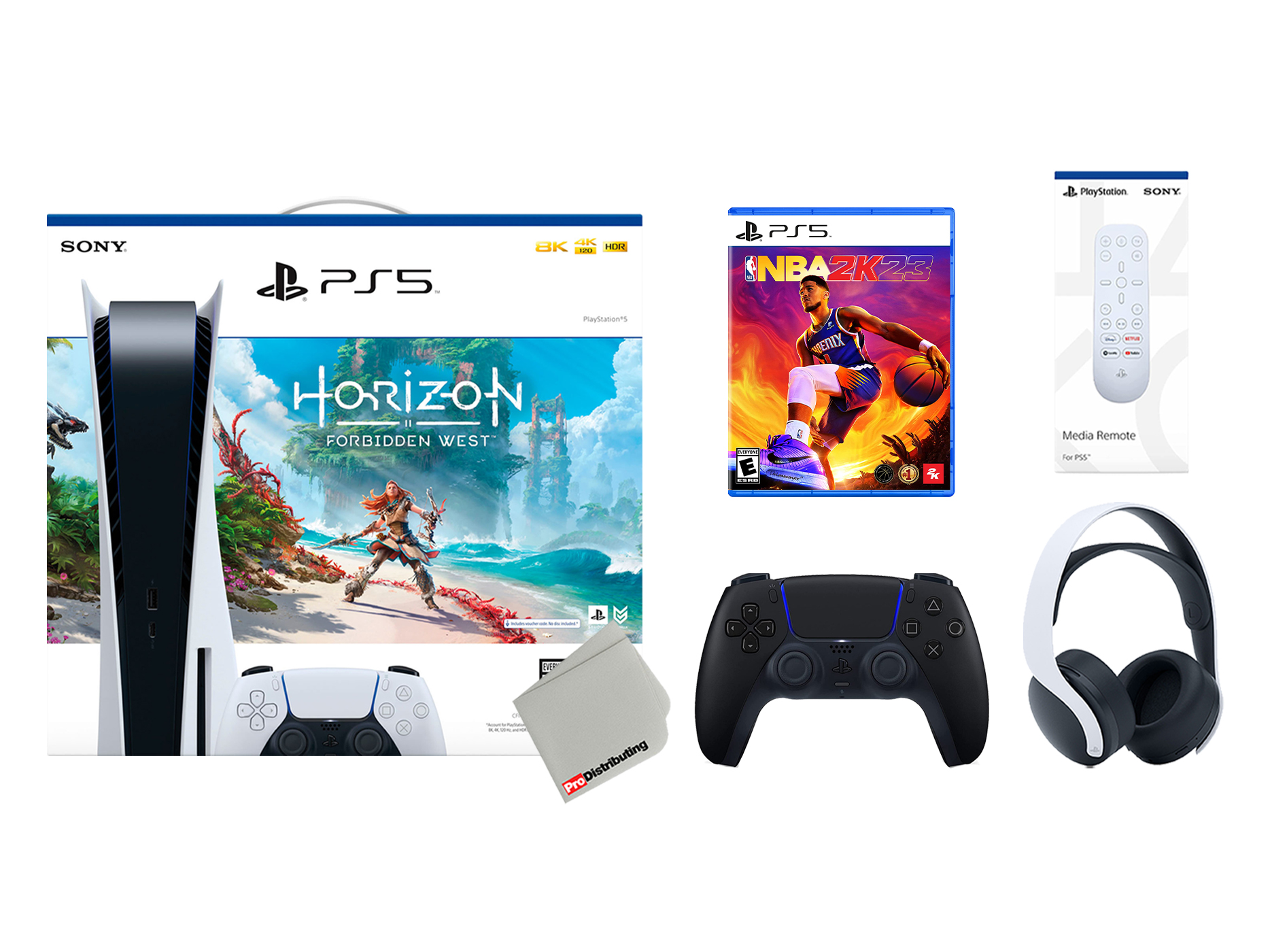 Sony Playstation 5 Disc Horizon Forbidden West Bundle with Extra Midnight Black Controller, White PULSE 3D Headset, NBA 2K23 and Remote