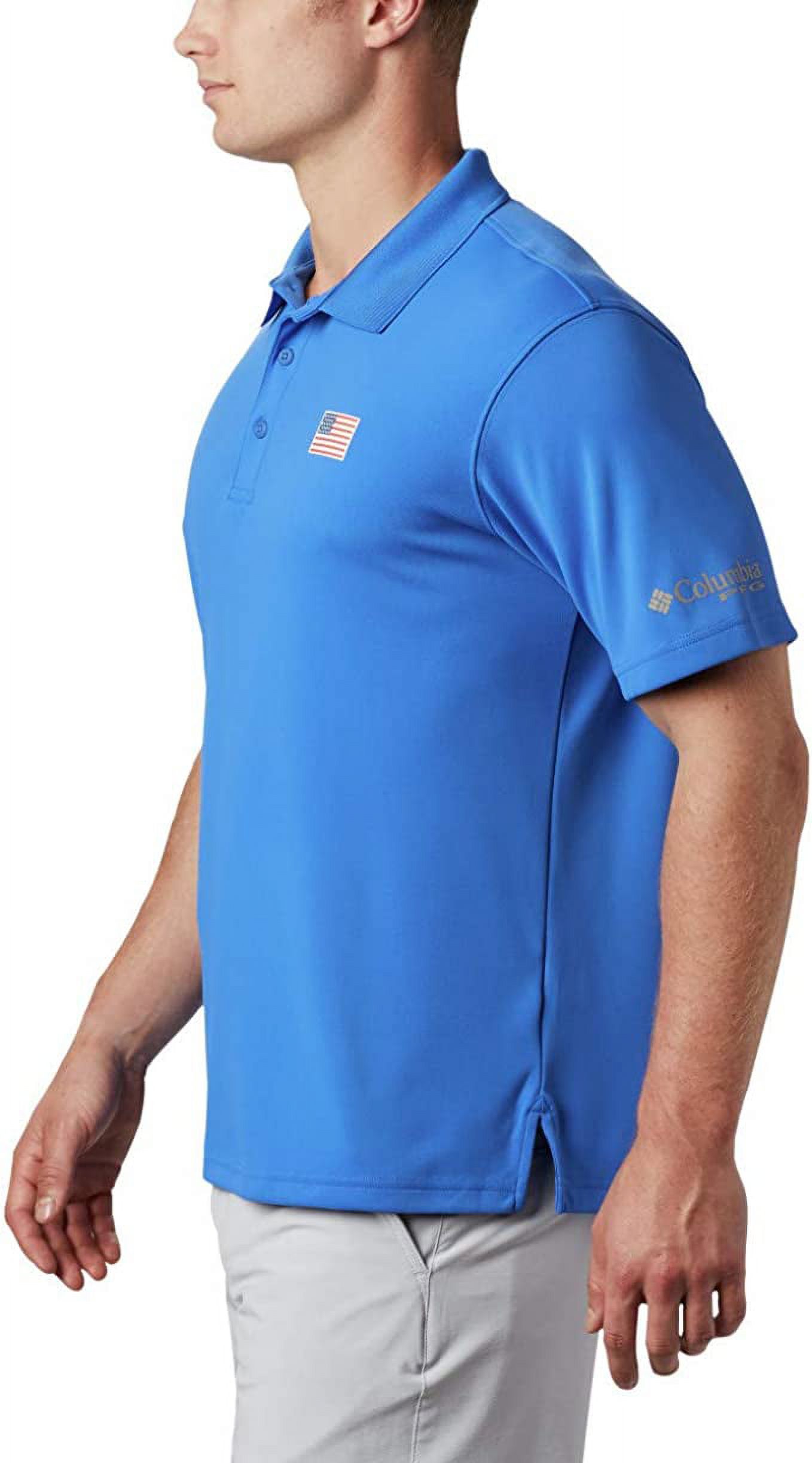 Columbia Men's PFG Fish Series Polo, Vivid Blue/US Flag Graphic, Small