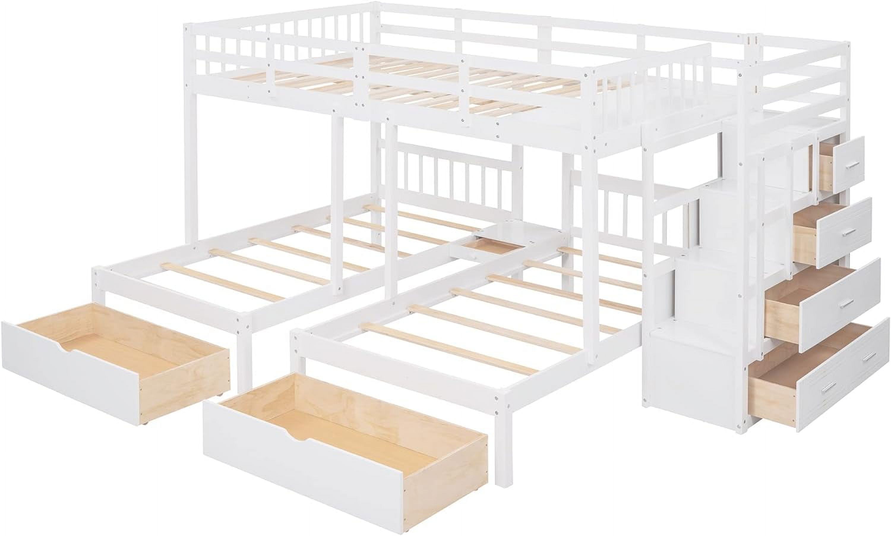 Full Over Twin & Twin Bunk Bed, Wood Triple Bunk-Beds with Drawers and Guardrails,White