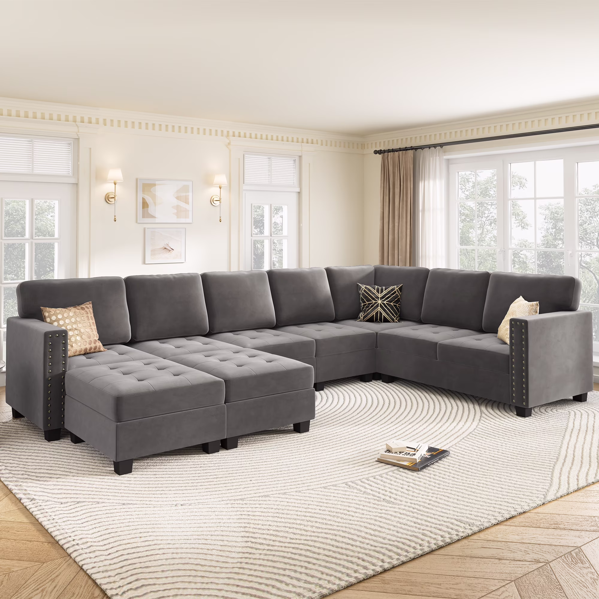 HONBAY Upholstered L-Shaped Sofa Bed with Storage Reversible Ottoman, Dull Grey