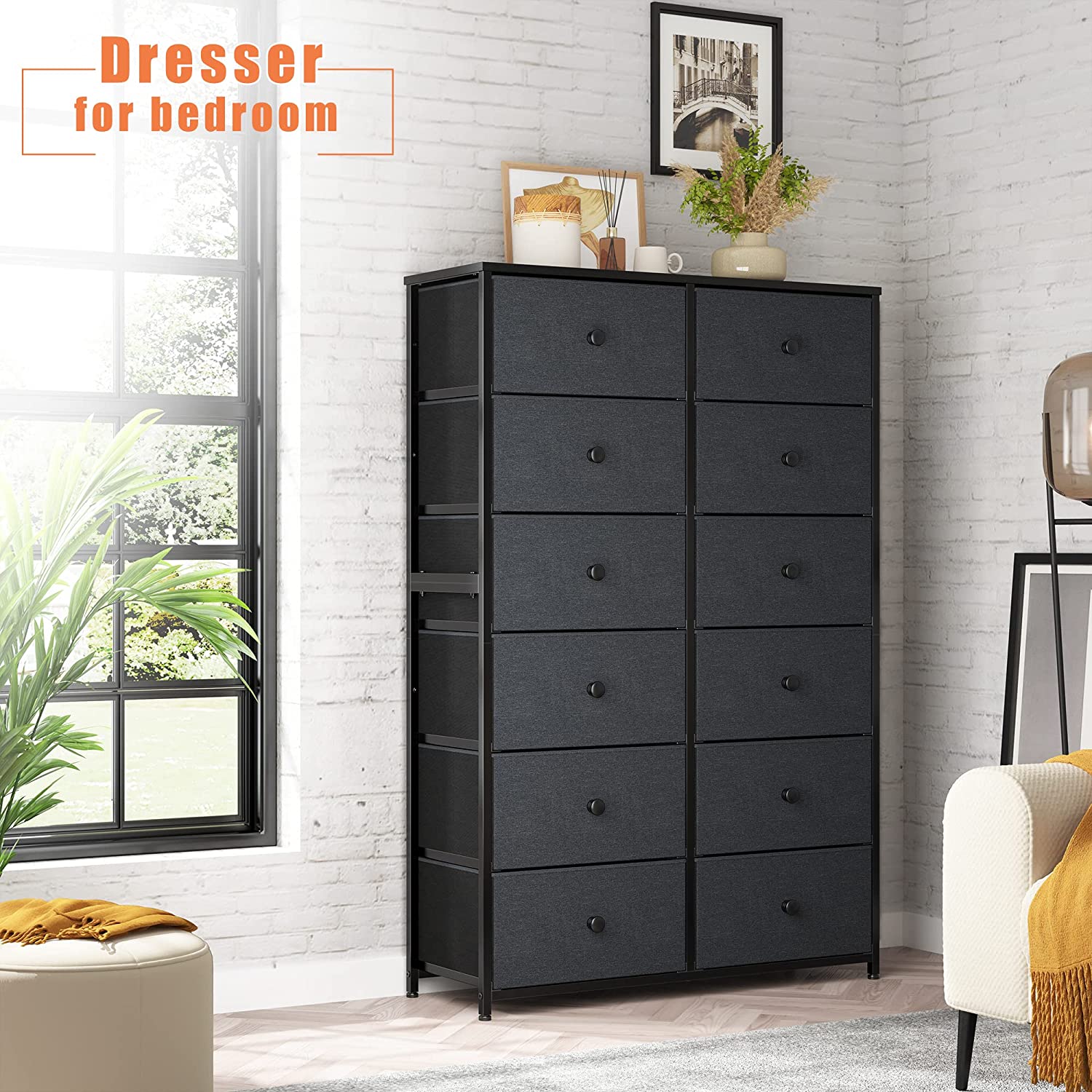 12 Drawer Dresser, Tall Dressers for Bedroom with Wooden Top and Metal Frame, Black Dresser & Chest of Drawers for Bedroom, Closet Living Room, Black Grey, 11.9